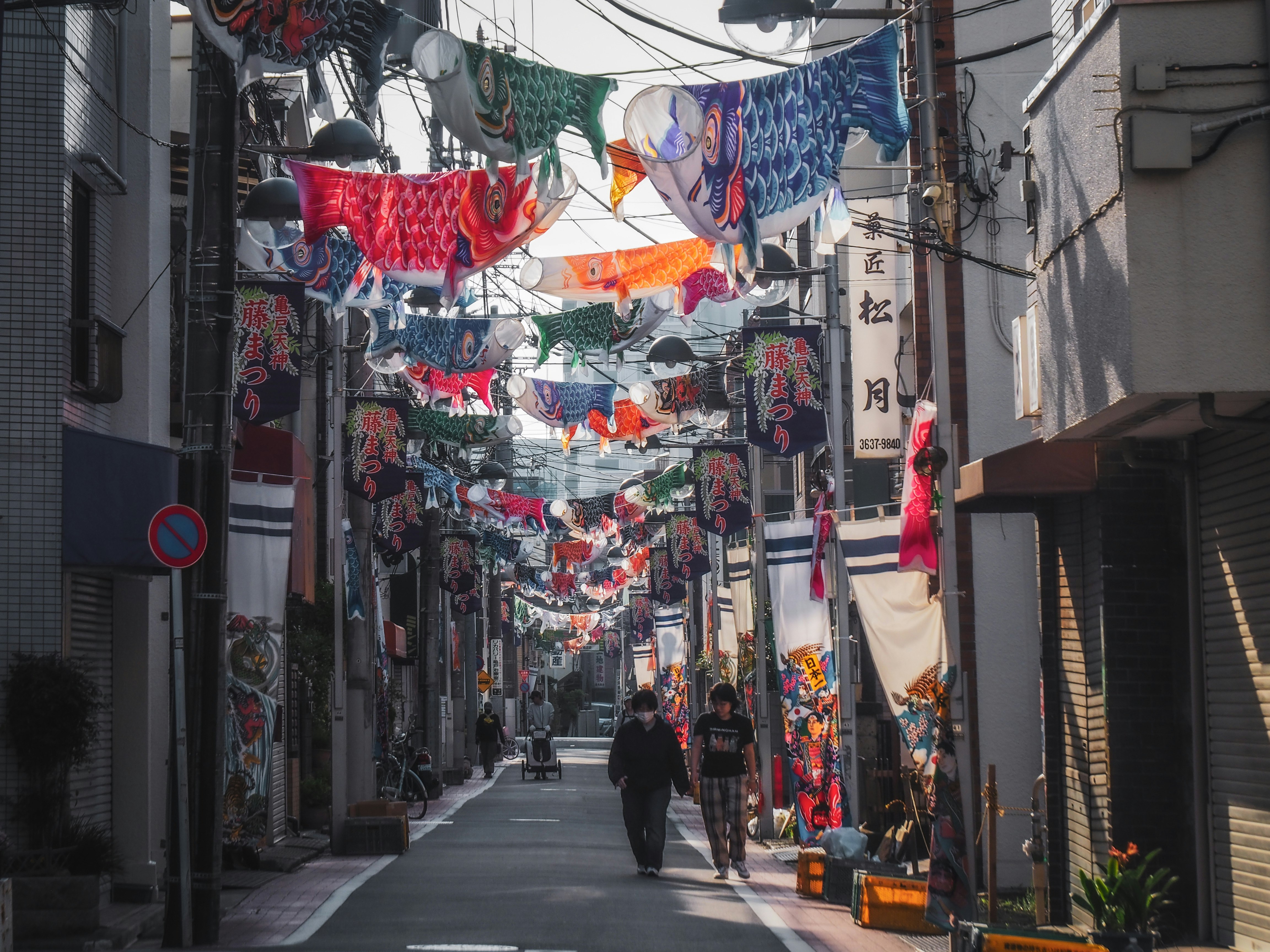 路地に連なる鯉のぼりの飾り