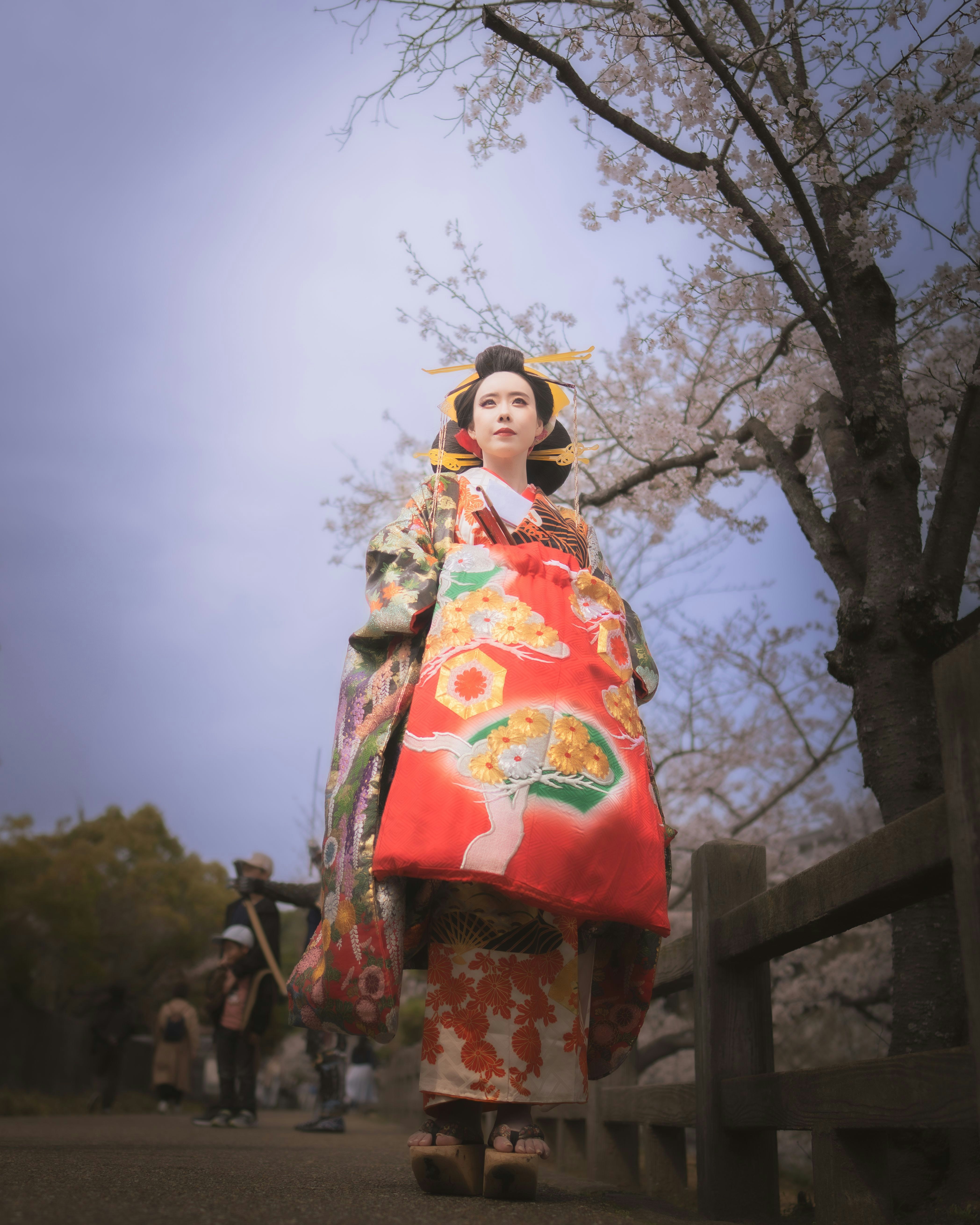 桜並木の下で振袖姿の女性