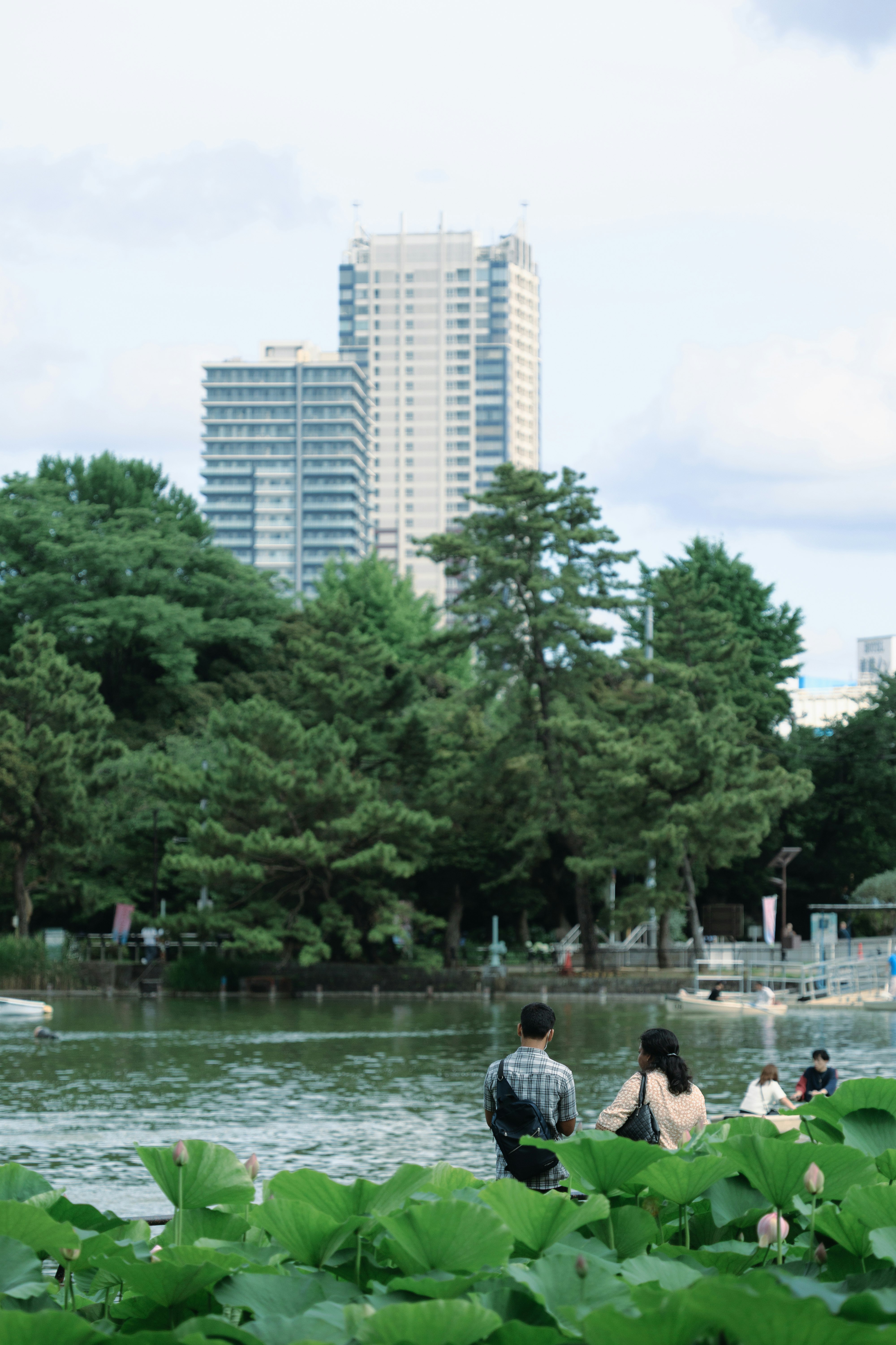 千葉公園の水辺でくつろぐ人々と高層マンションの眺め