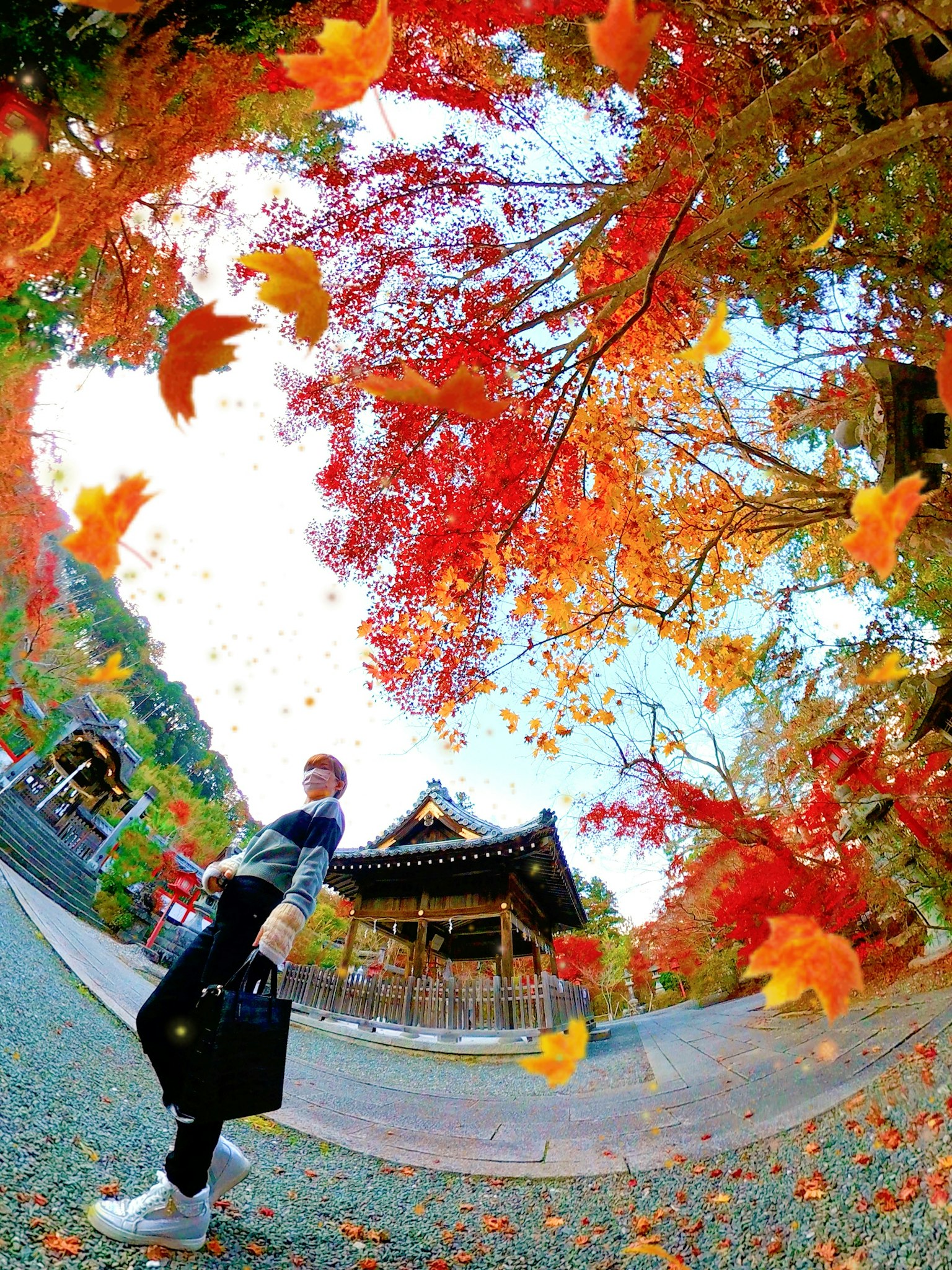 Person standing amidst autumn leaves with a temple in the background