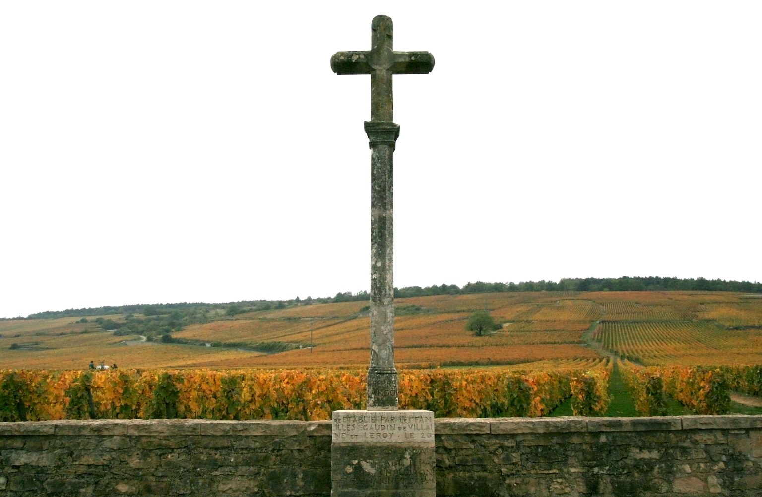 Croix en pierre se tenant dans un paysage magnifique avec des vignobles colorés