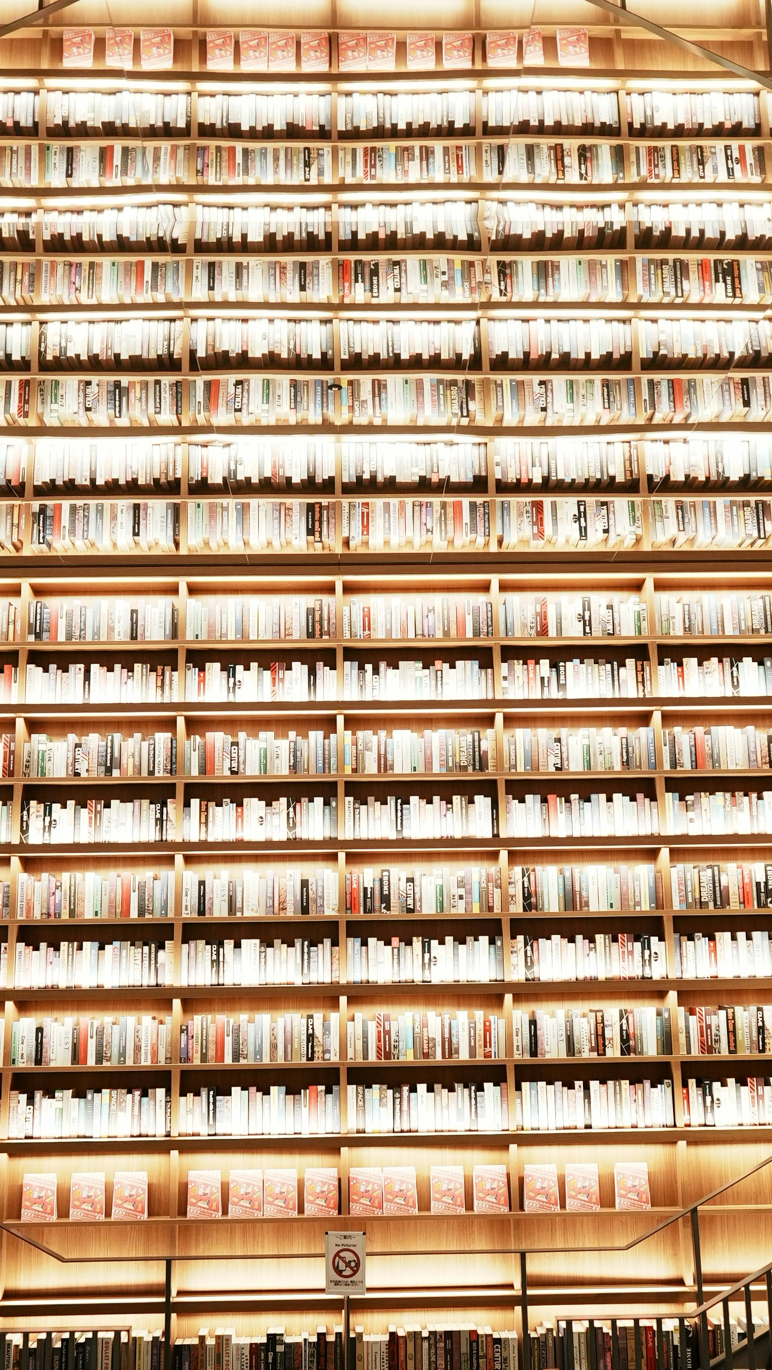本棚が並ぶ図書館の書架の壁