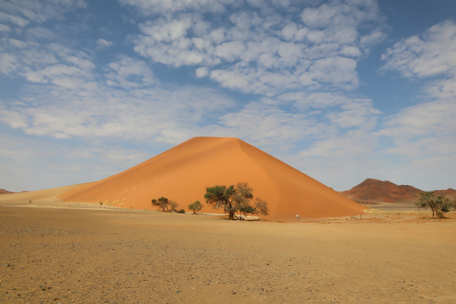 Orangefarbener Sanddünen im Namib-Wüste mit blauem Himmel