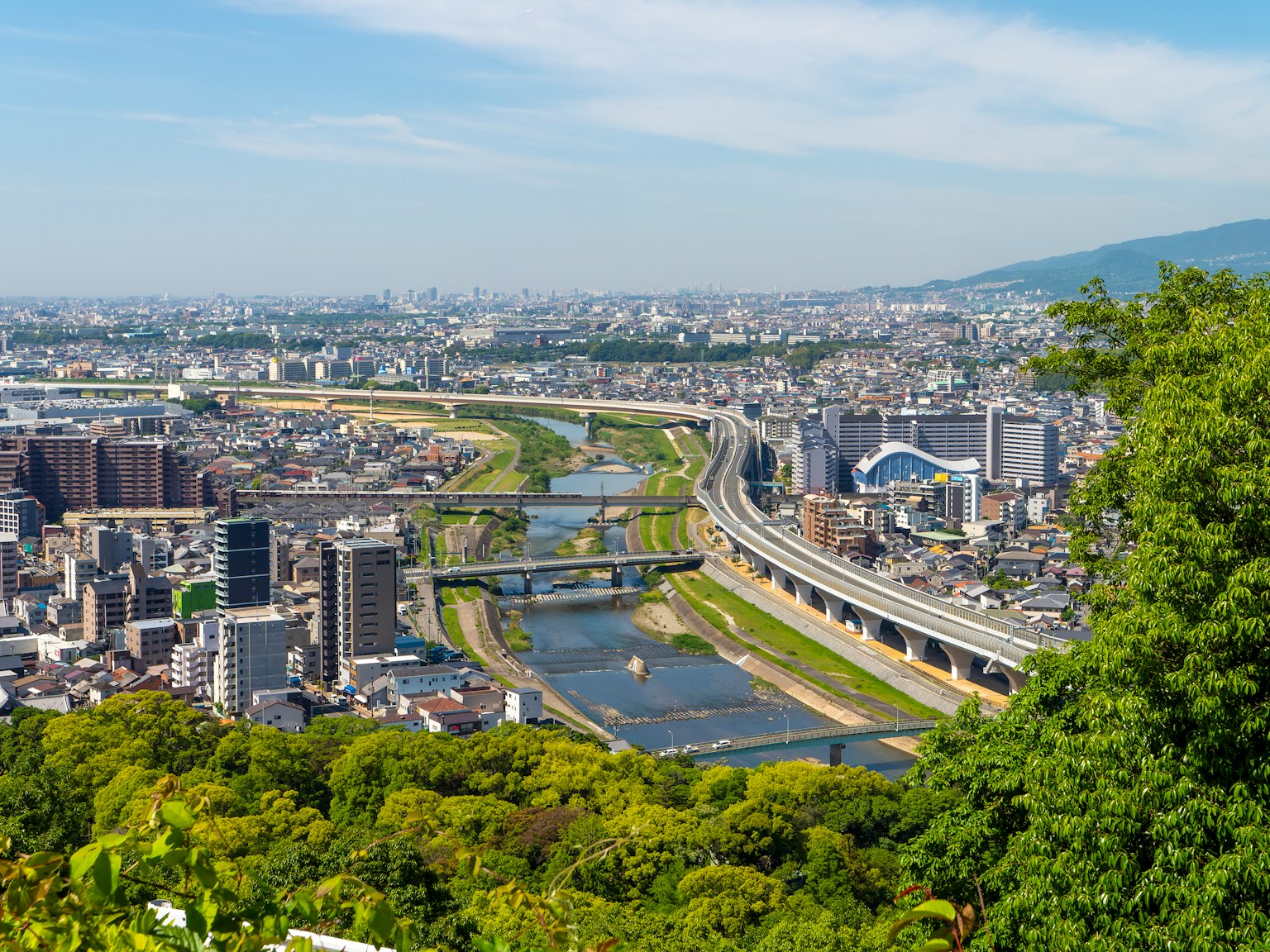 Panoramic view of a city surrounded by lush greenery featuring intersecting rivers and elevated highways