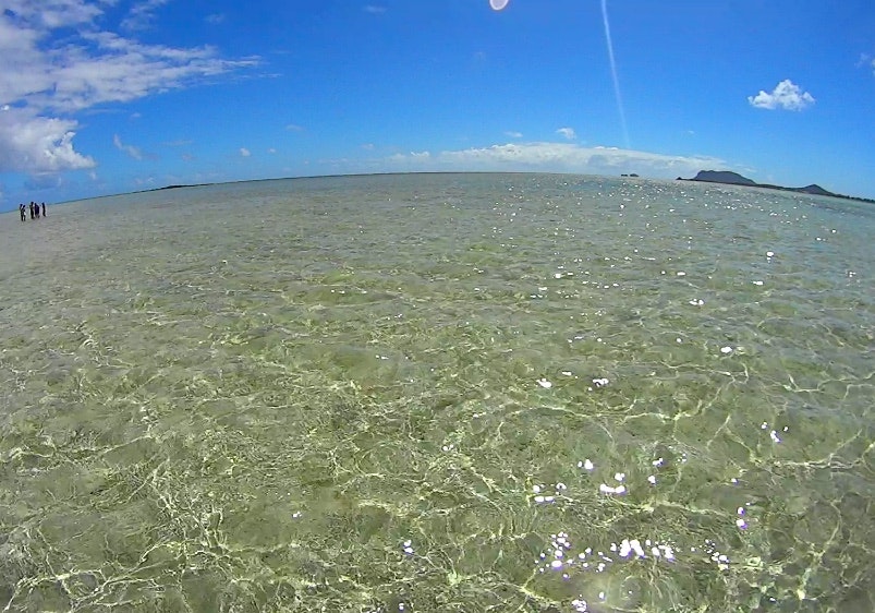 透明な浅瀬の海と遠くの岬が広がる海岸の風景