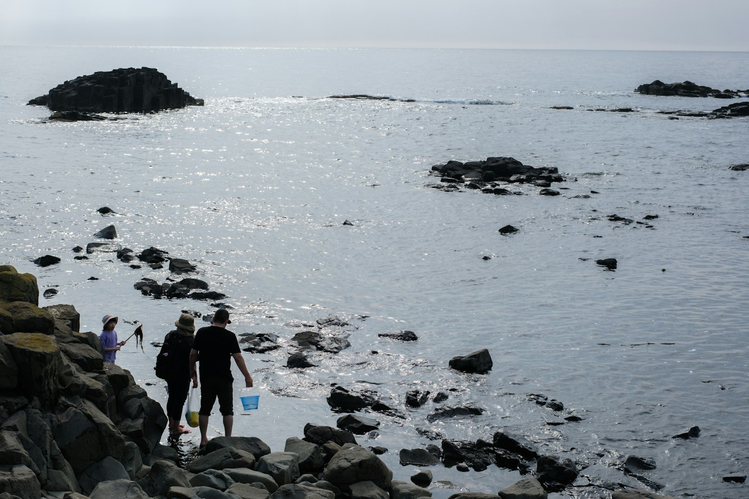人们在岩石海岸上行走，背景是宁静的海洋