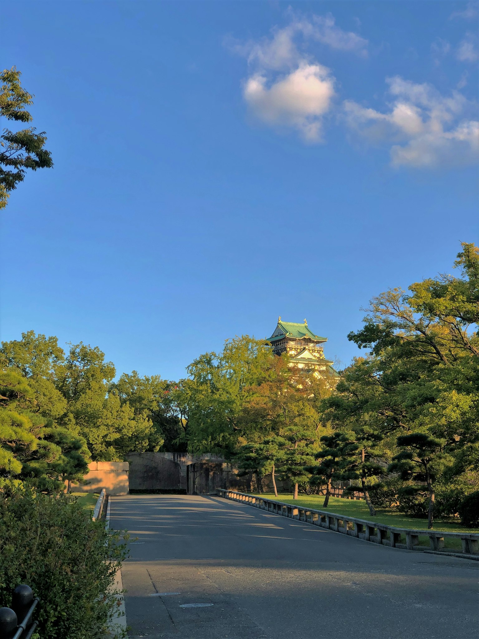 Schlosszugang unter blauem Himmel mit umliegenden Bäumen