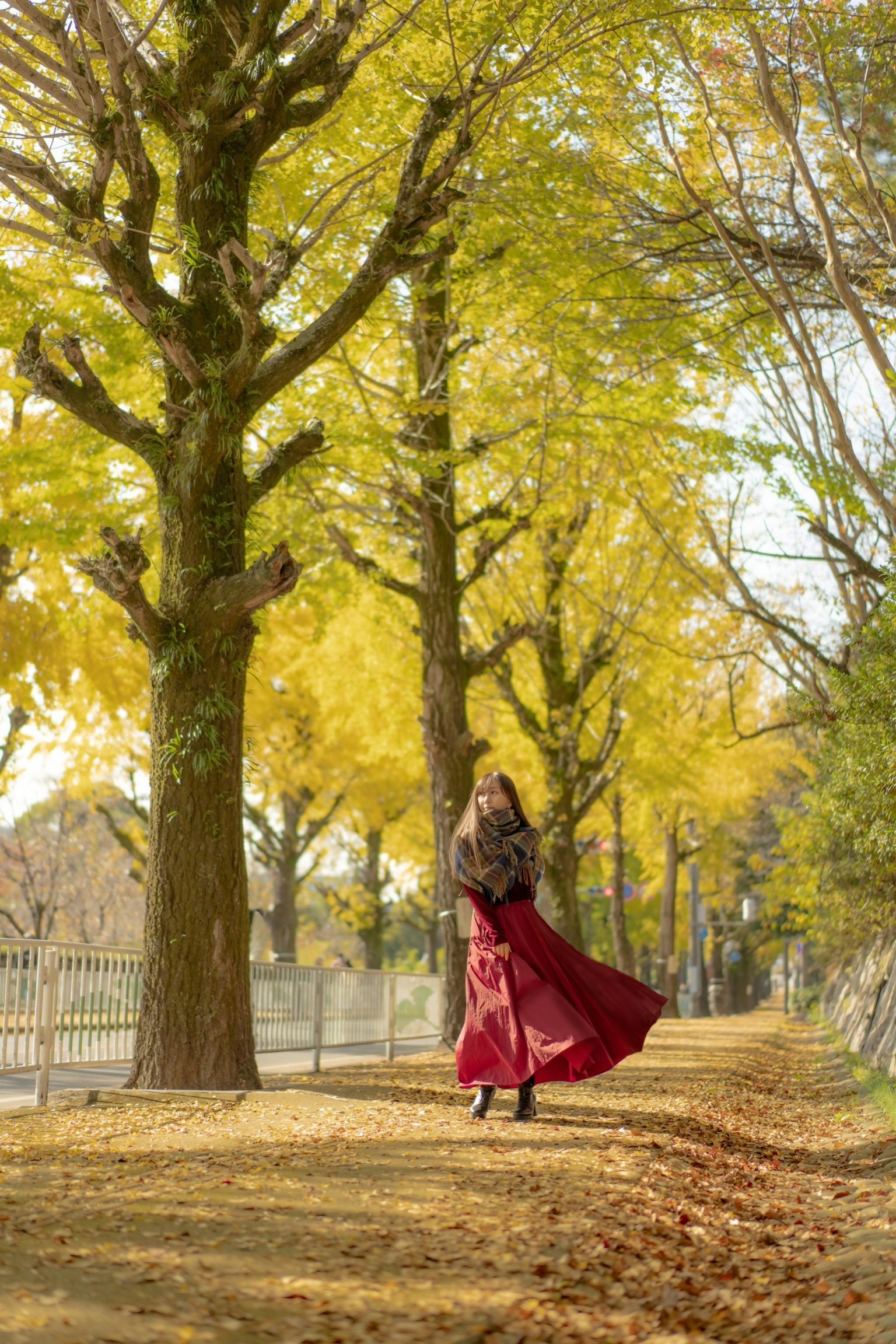 穿著紅色裙子的女人走在黃樹成蔭的小路上