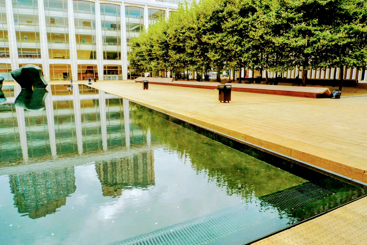 Paisaje con árboles verdes reflejándose en agua tranquila
