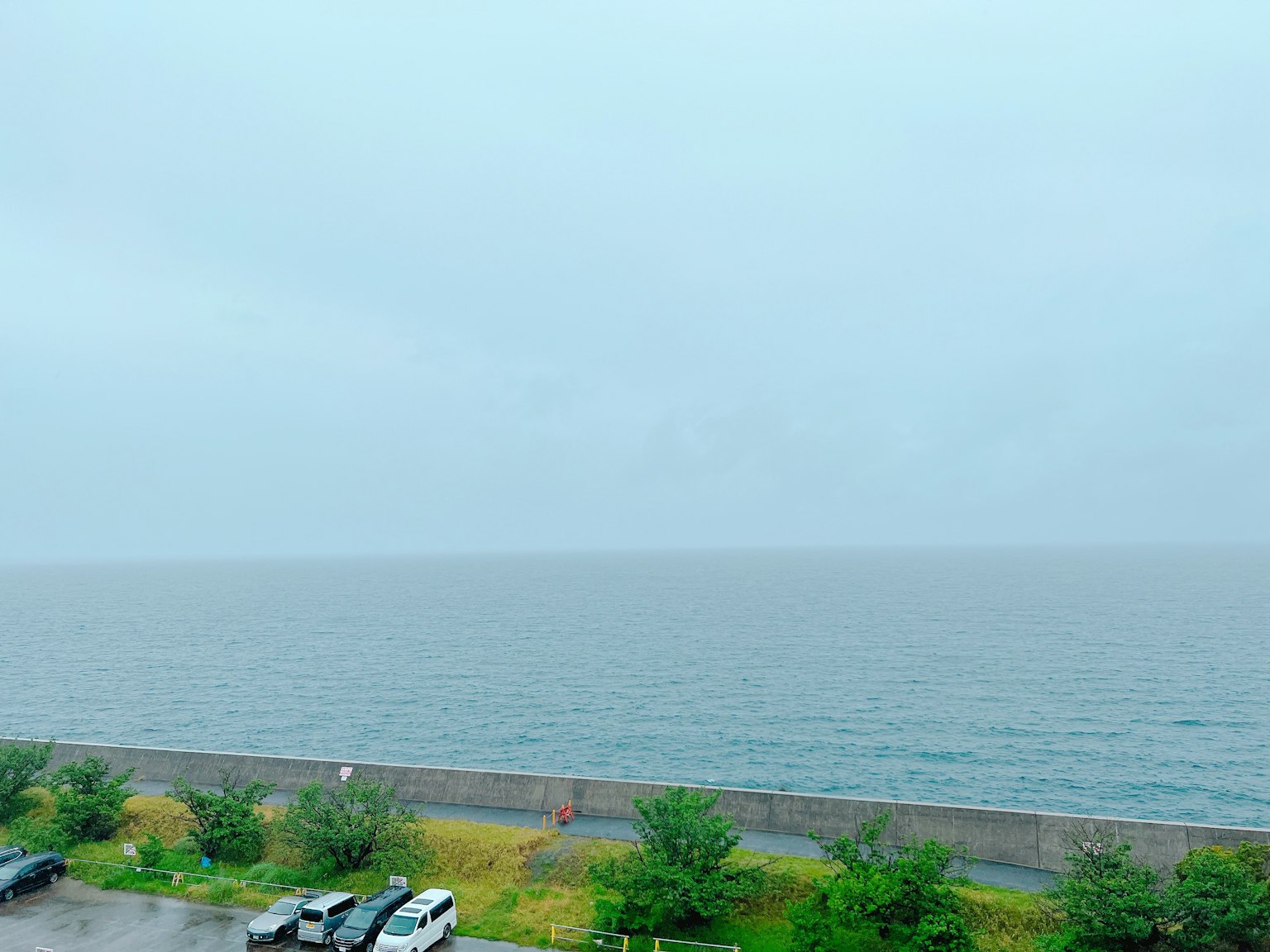 Vista del mare sotto un cielo nuvoloso con auto parcheggiate in primo piano
