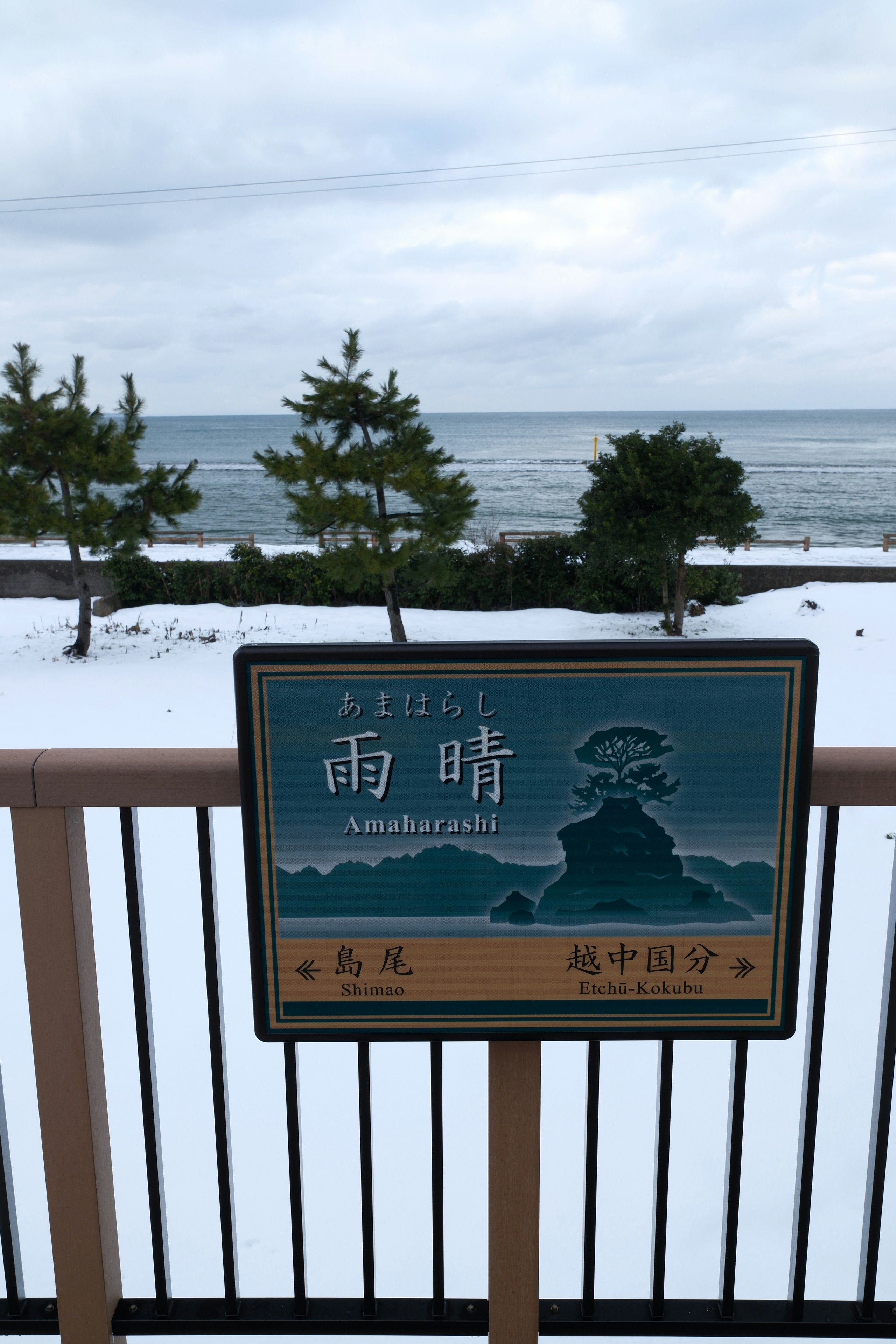 雨晴海岸の雪景色を望む雨晴駅の案内看板