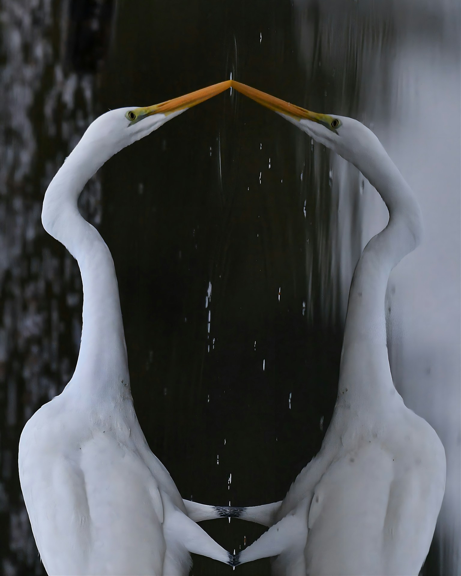 นกกระสาขาวสองตัวหันหน้าเข้าหากันโดยมีจะงอยปากสัมผัสกันเหนือผิวน้ำสะท้อน