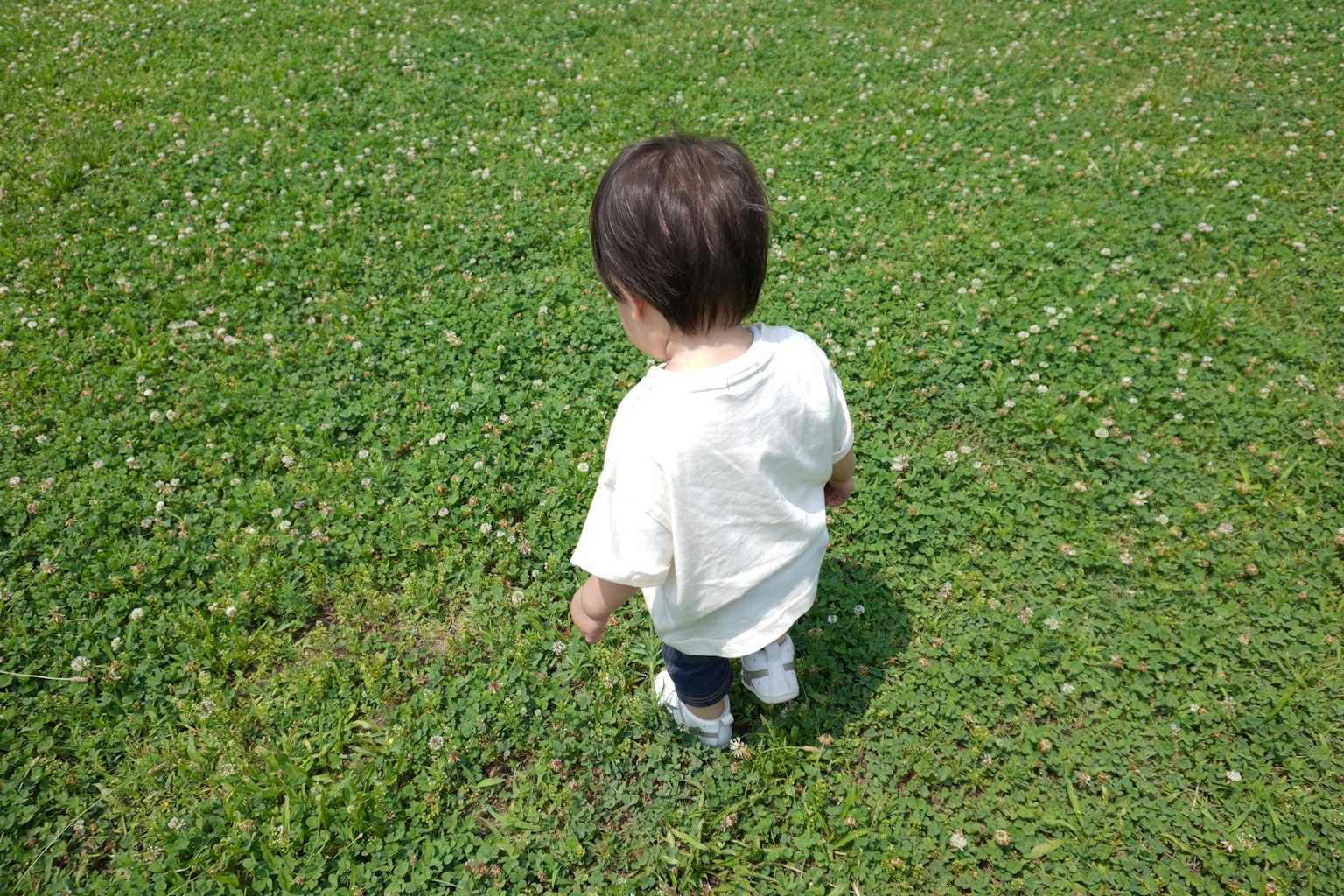 Kind, das auf Gras von hinten läuft