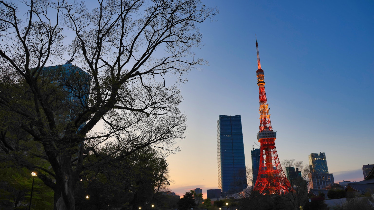 Tokyo Tower bei Sonnenuntergang beleuchtet mit klarem Himmel