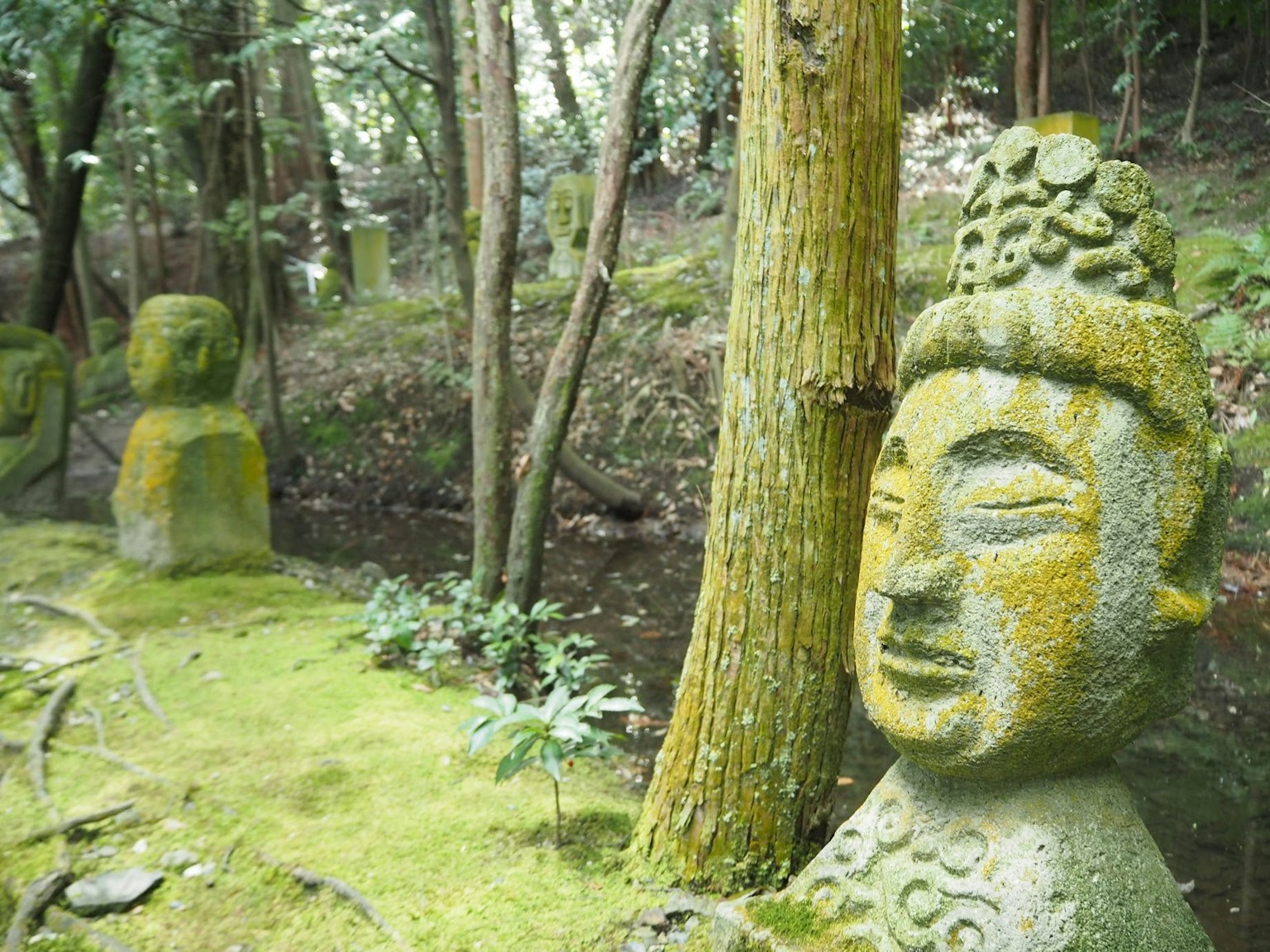 Estatuas de piedra antiguas cubiertas de musgo verde en un entorno forestal