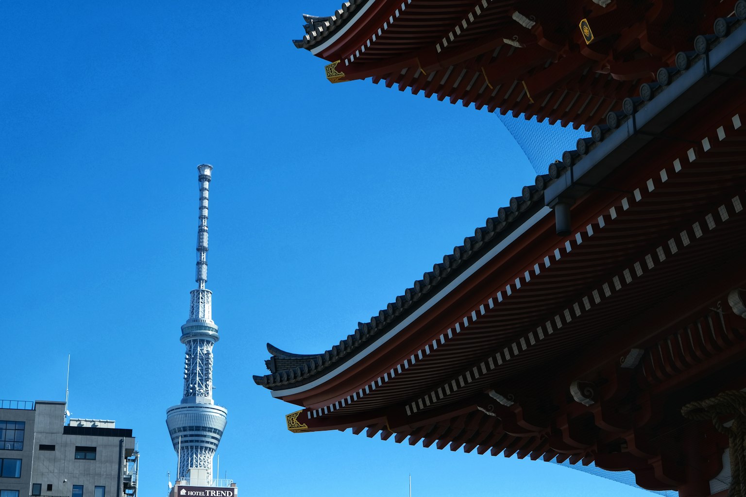 Vista della Tokyo Skytree accanto al tetto di un edificio tradizionale sotto un cielo blu chiaro