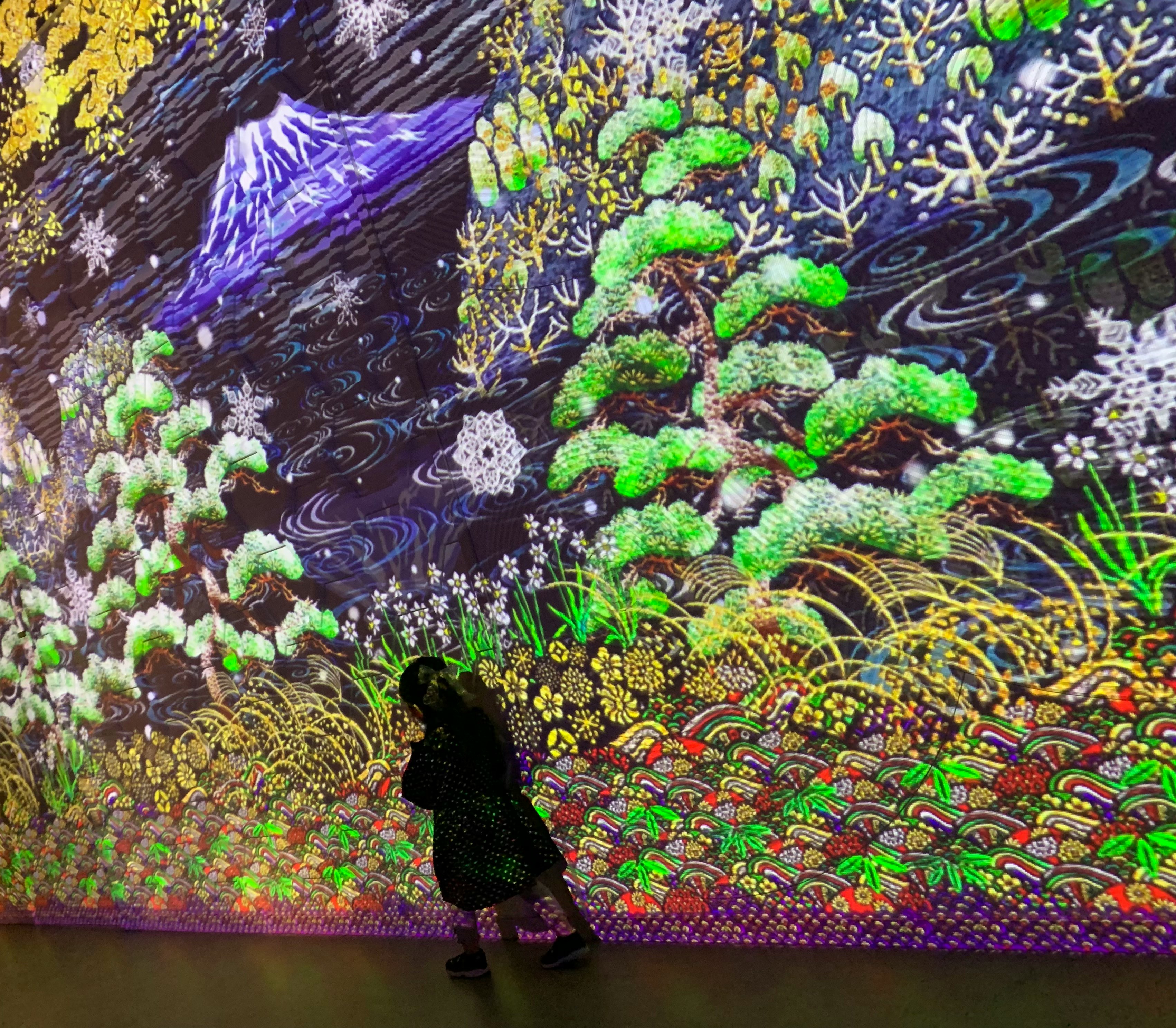 色鮮やかな海底風の壁画と立体的な植物モチーフの展示