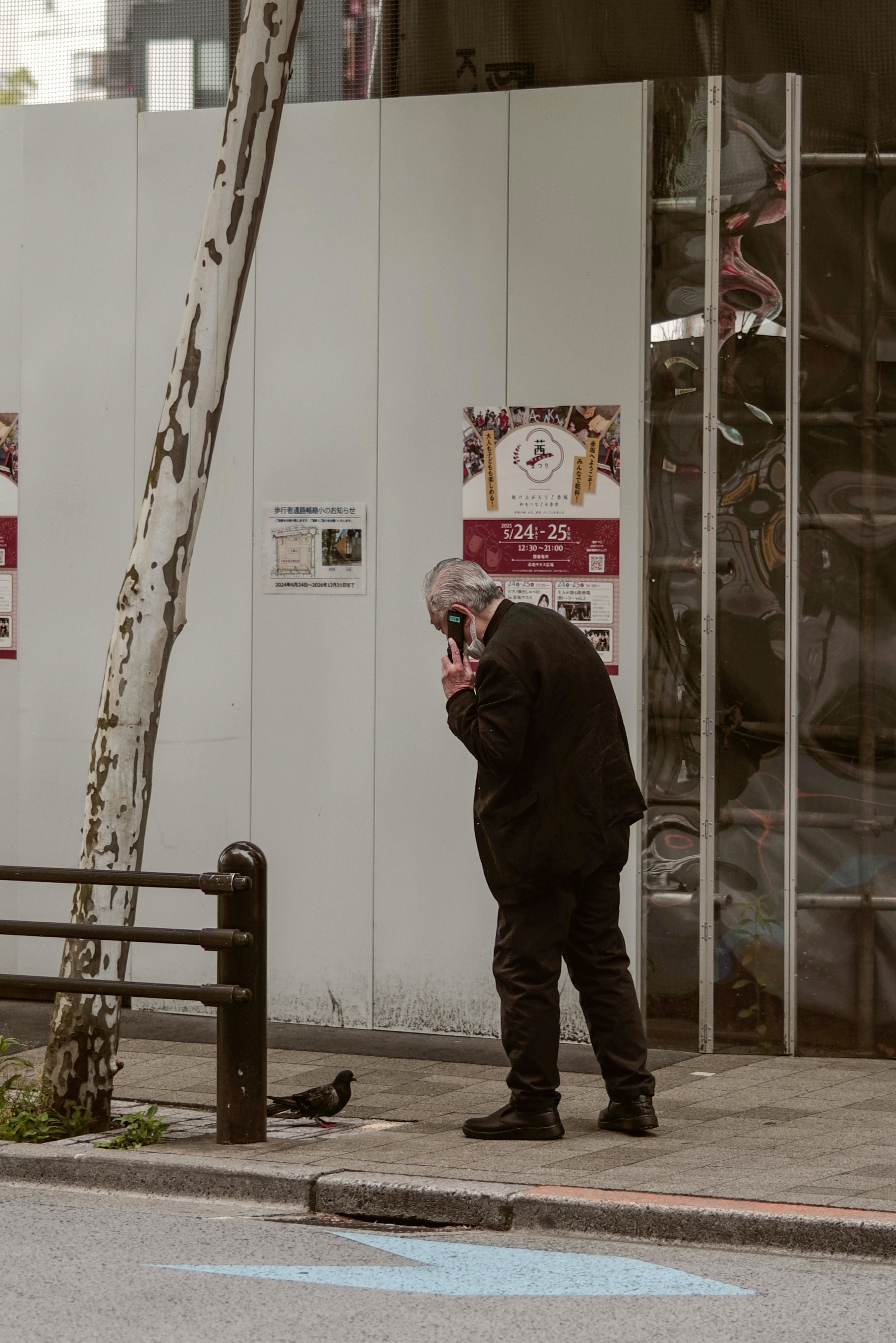 路上で鳩に餌をやる人と街並み