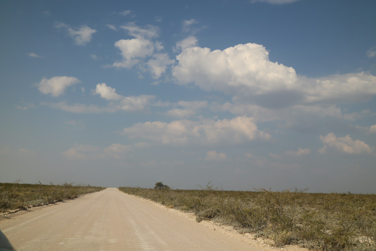 Un camino de tierra se extiende a través de un paisaje bajo un cielo azul con nubes blancas