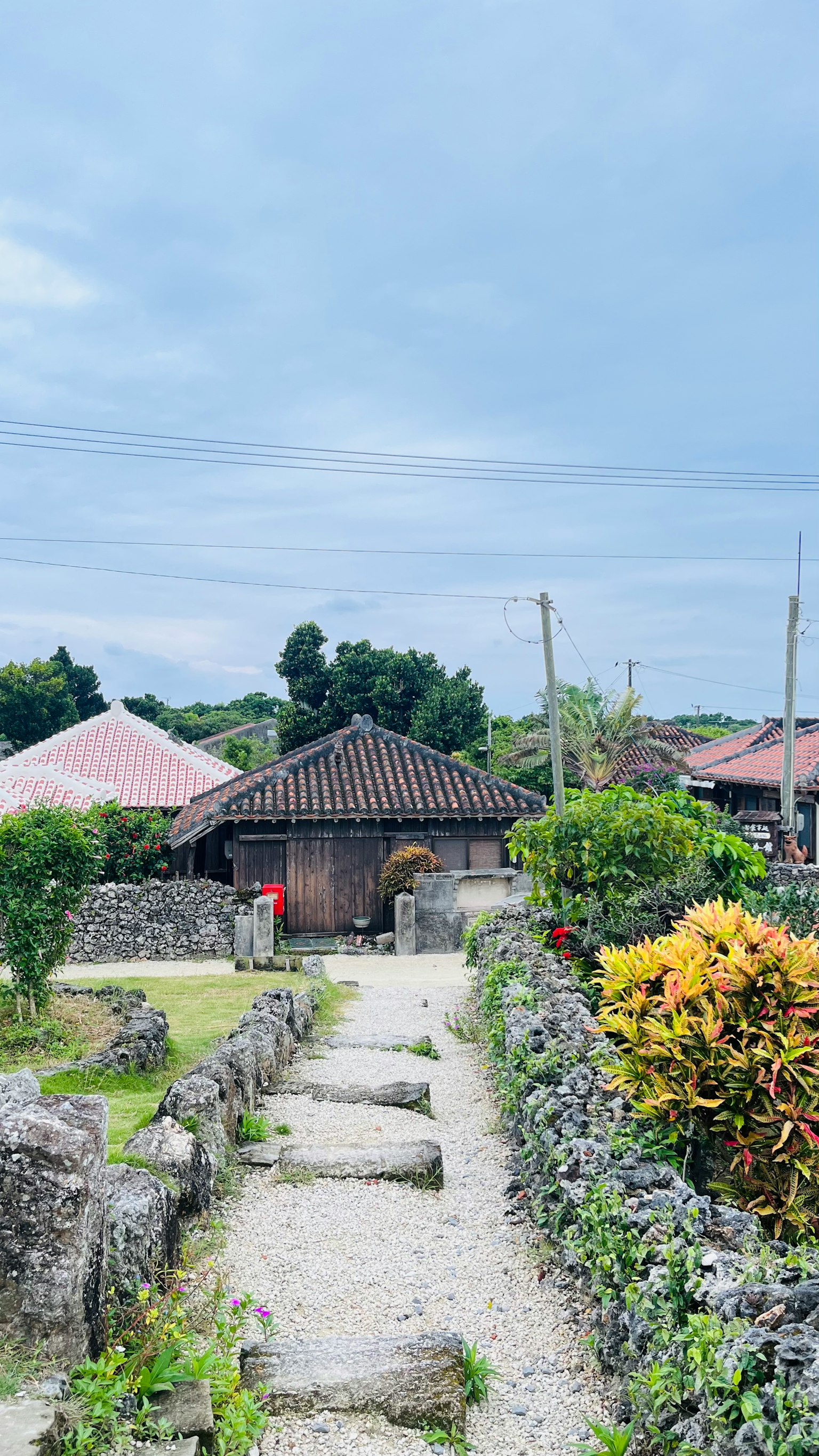 Quiet village scene with houses and greenery lining the path
