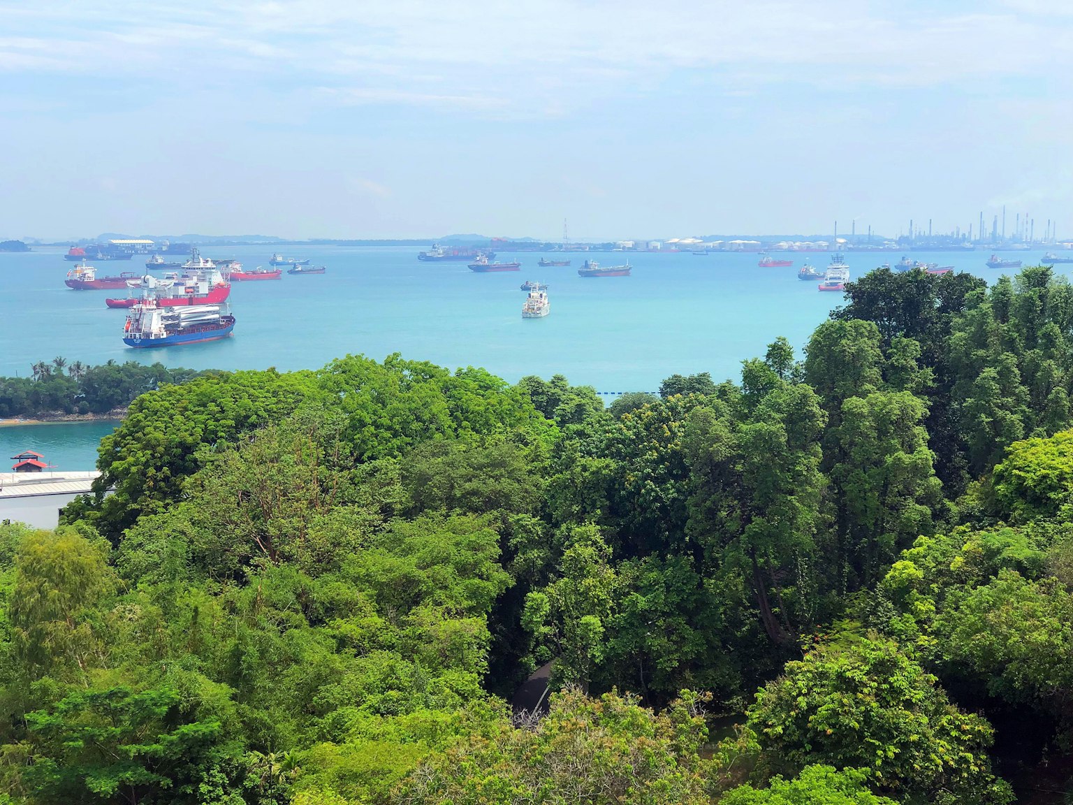 Panoramablick auf das blaue Meer mit üppigem Grün und mehreren ankerten Schiffen