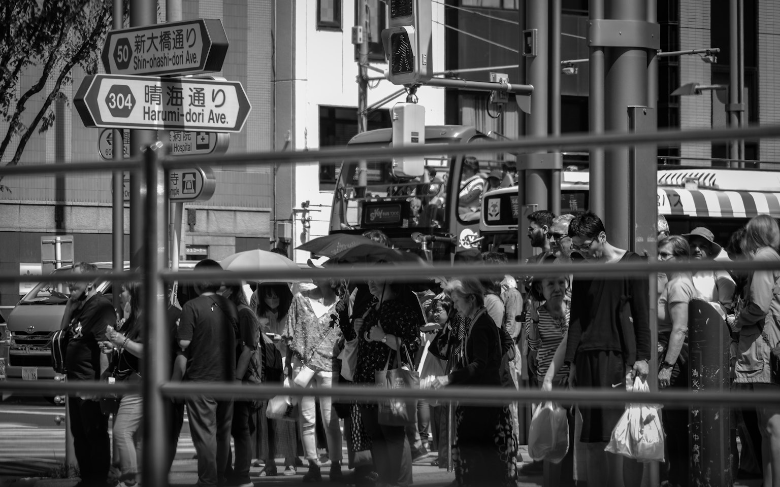 A crowd of people with umbrellas gathered in a black and white urban setting