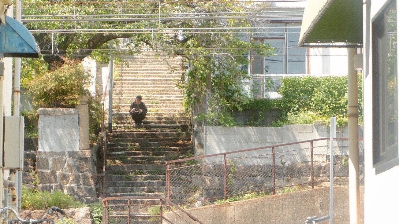 계단과 울타리가 있는 야외 정원 풍경