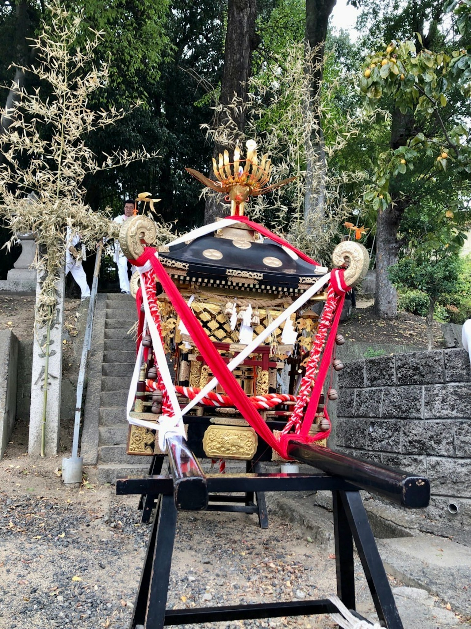 Hermoso mikoshi exhibido frente a un santuario decorado con cintas rojas