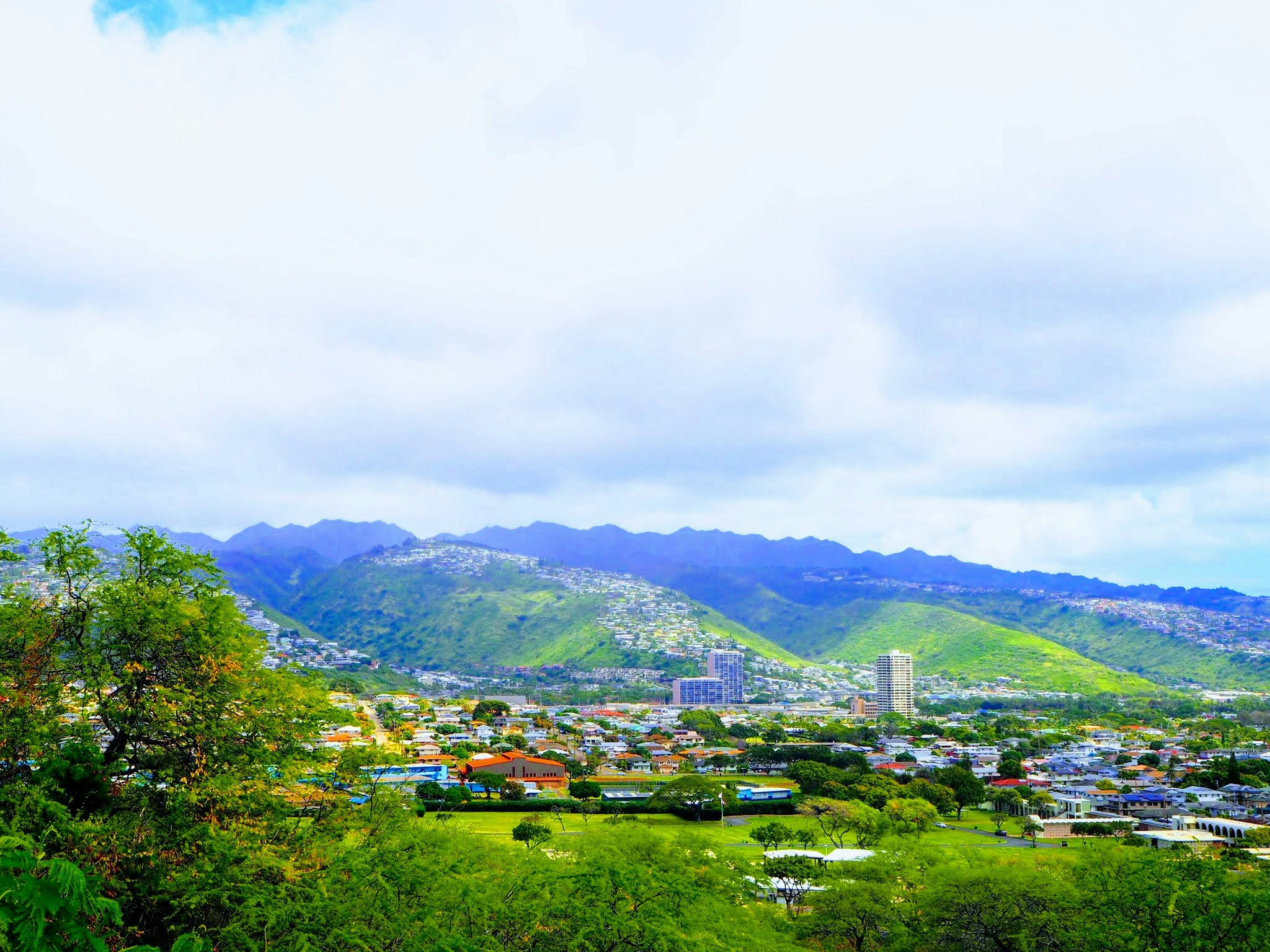 俯瞰綠意群山的城市全景