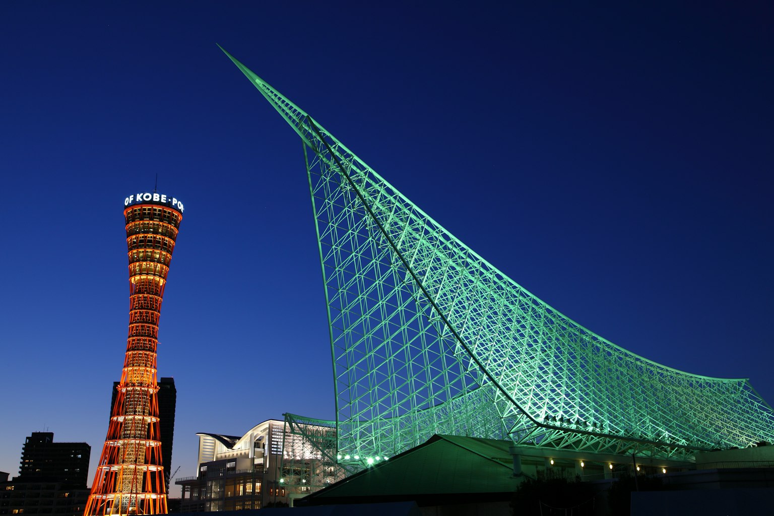 La skyline nocturne de Kobe avec l'architecture magnifique de Harborland et la Tour du Port