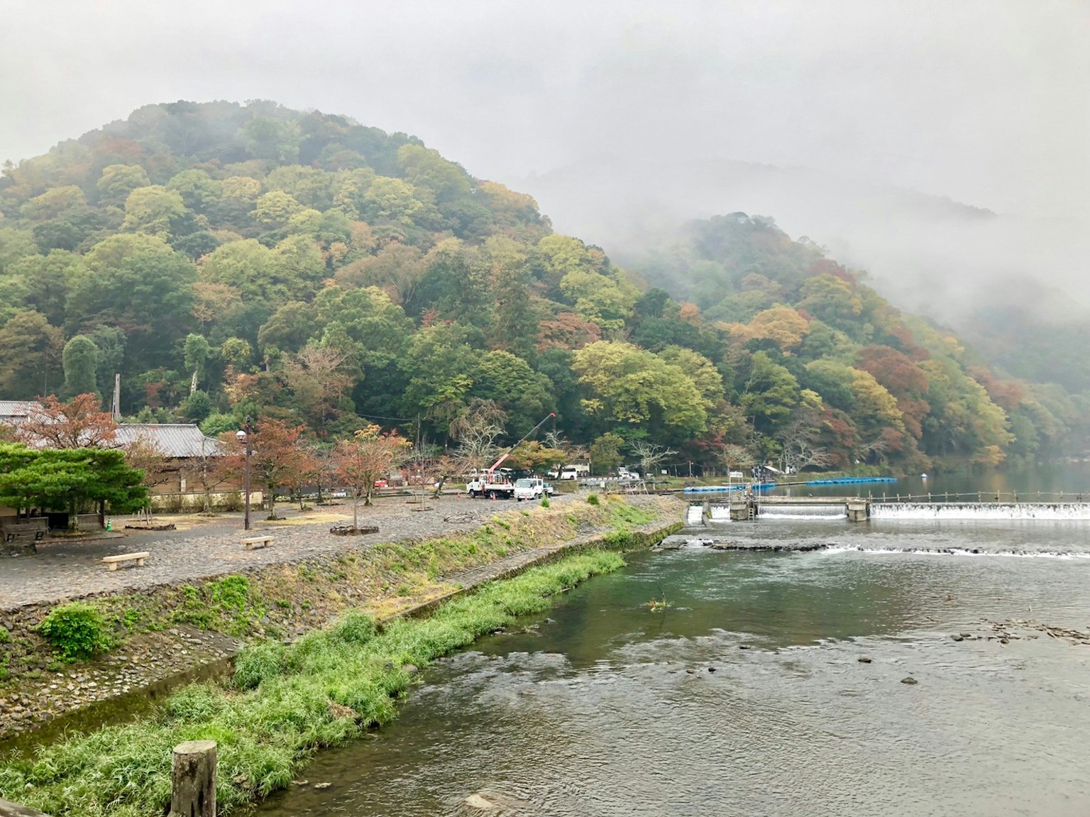 Vue pittoresque d'une montagne et d'une rivière enveloppées de brume avec des arbres colorés