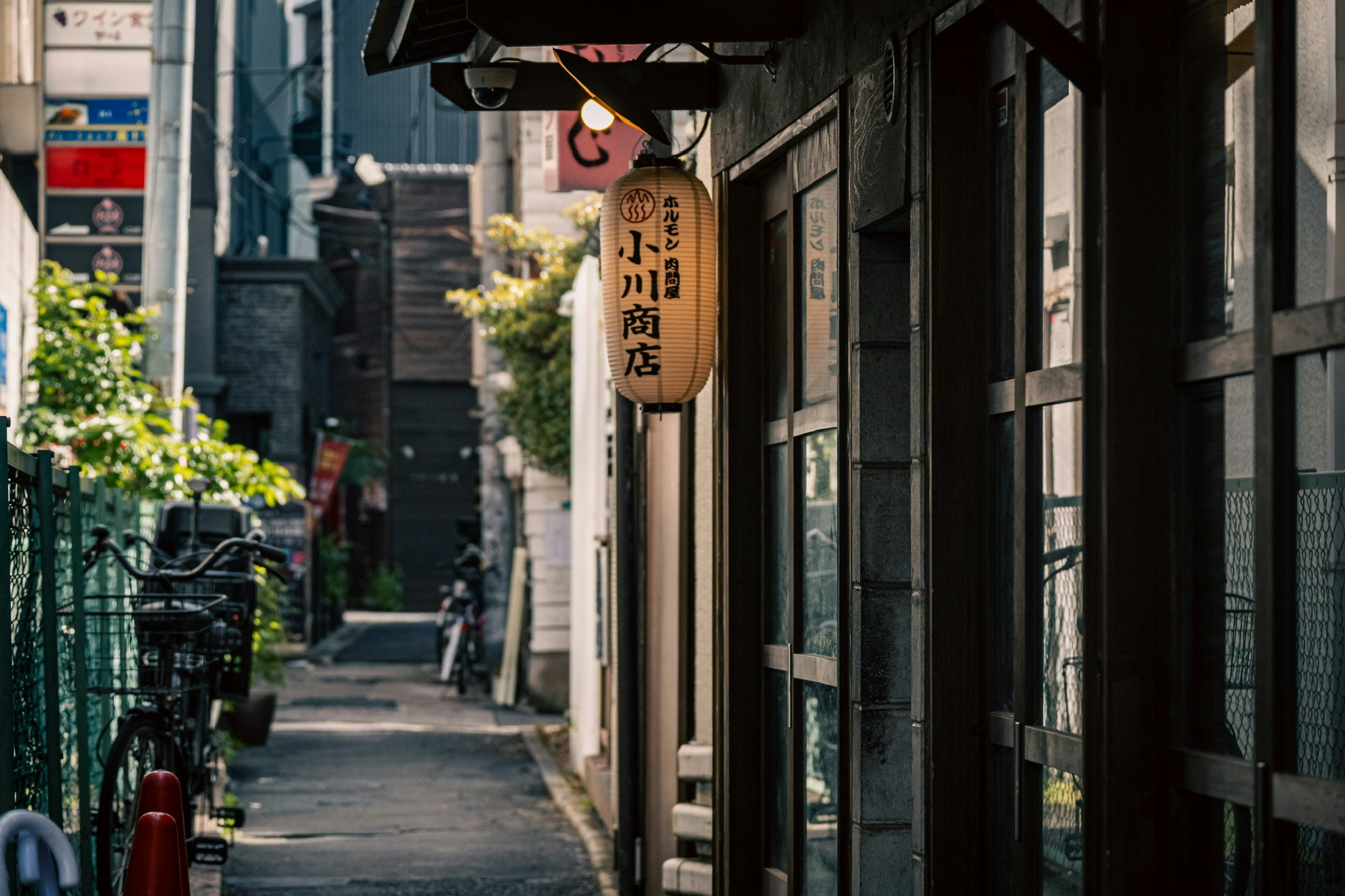 路地に灯る提灯のある商店街の軒先