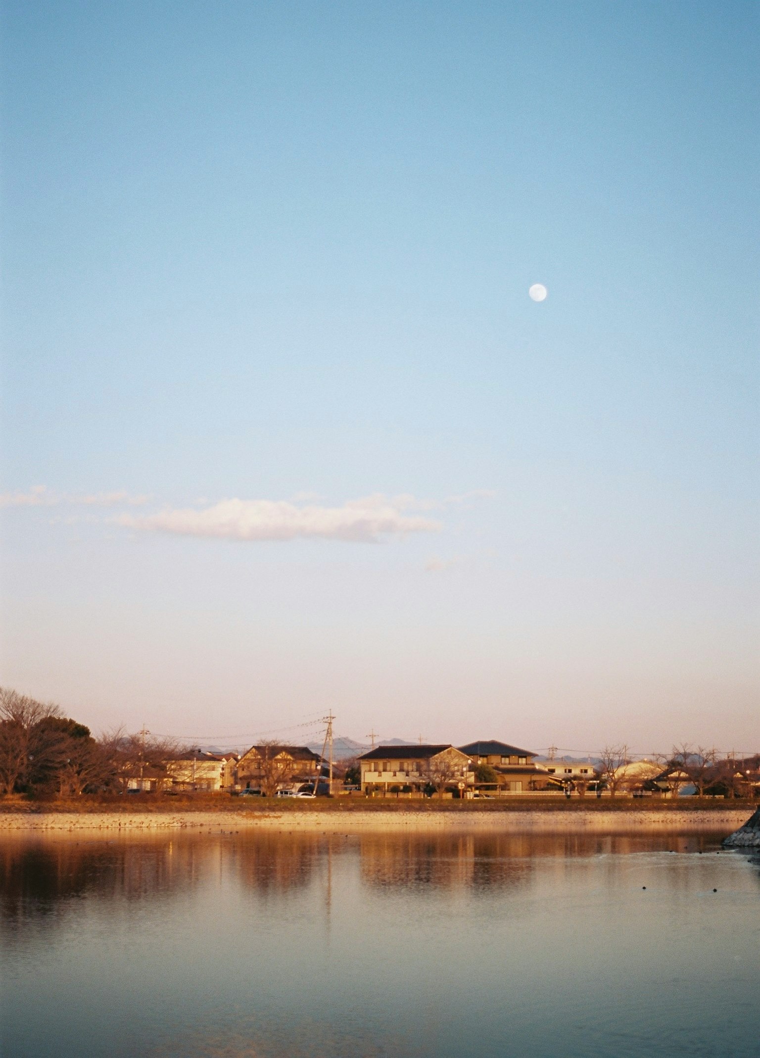 Vue sereine d'un lac avec des maisons sous un ciel bleu clair et une lune visible