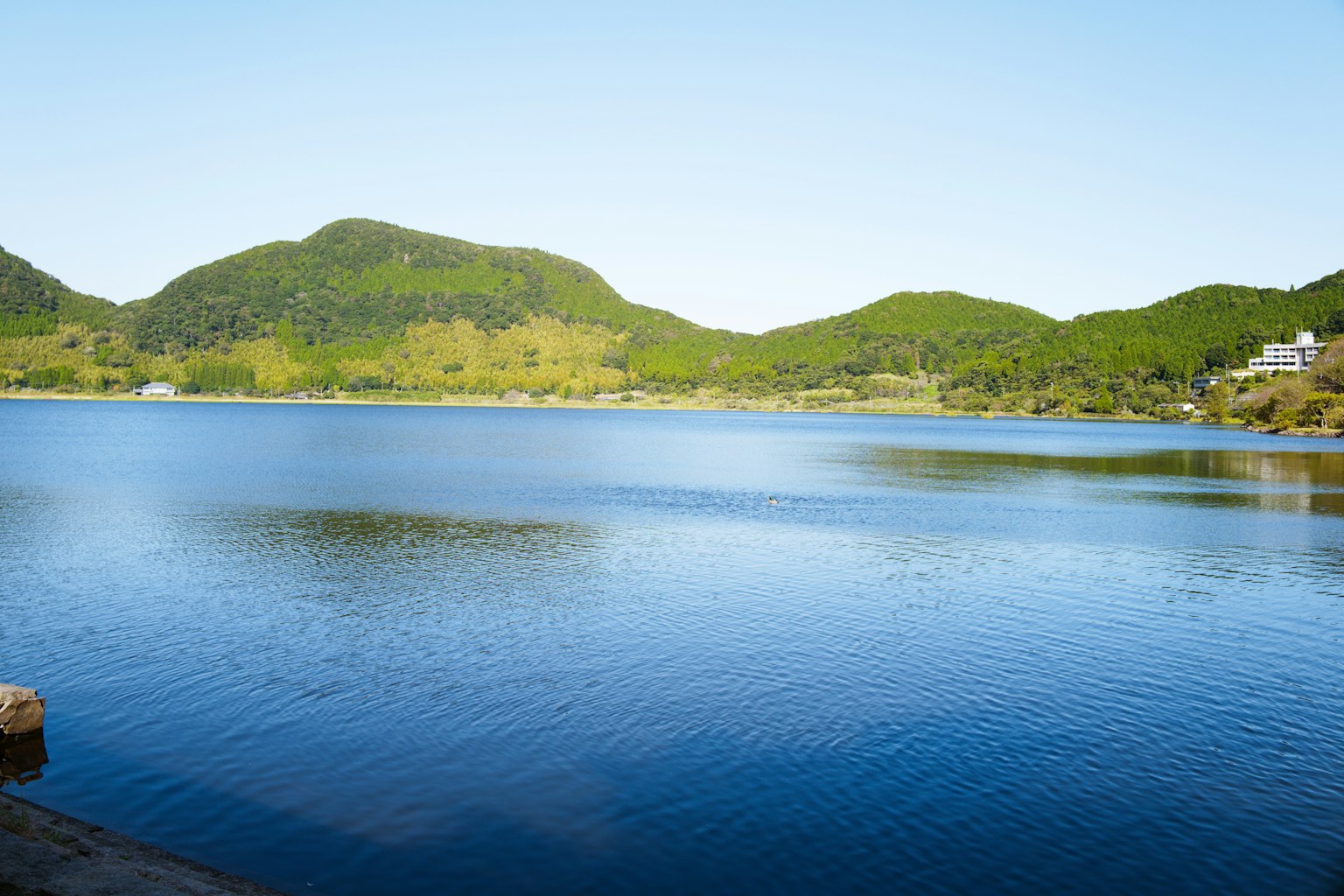 蓝色湖泊和绿色山丘的风景