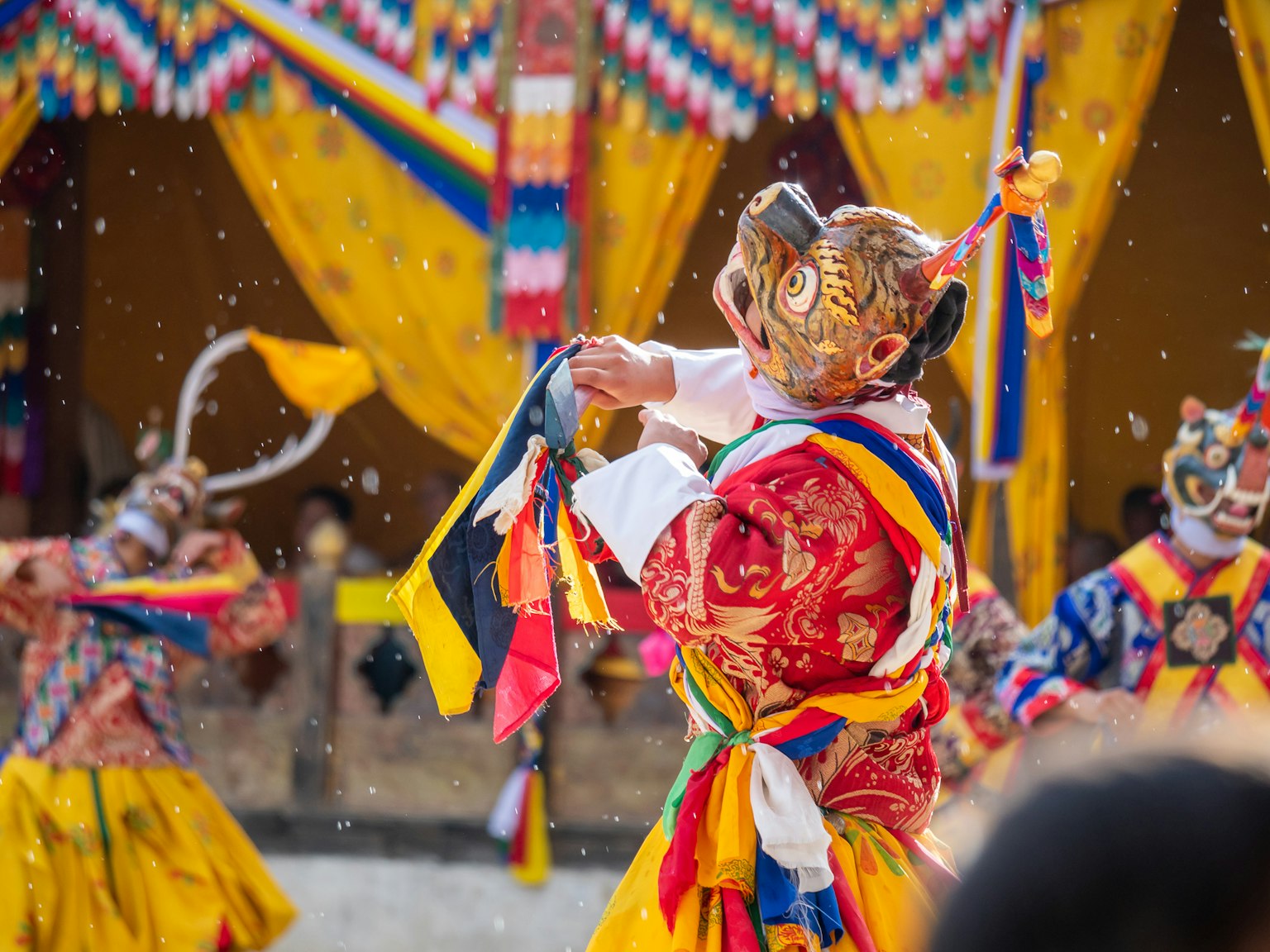 Danzatore che indossa un costume colorato e una maschera mentre si esibisce in una scena di festival