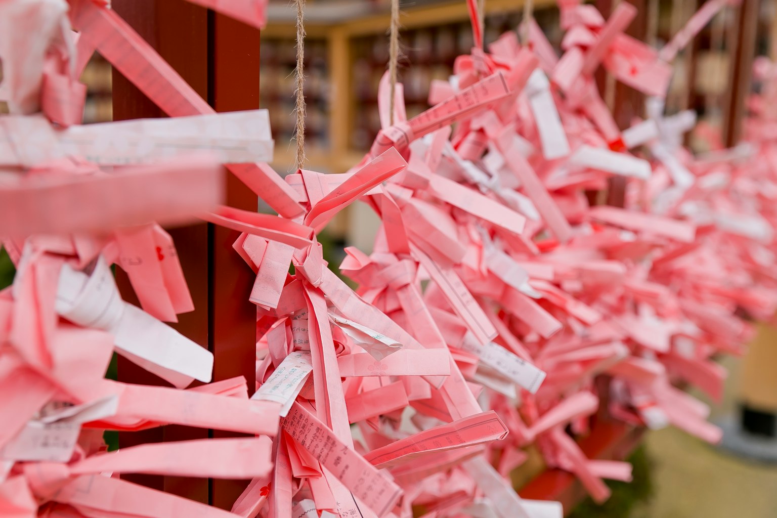 A close-up view of pink and white paper strips hanging together