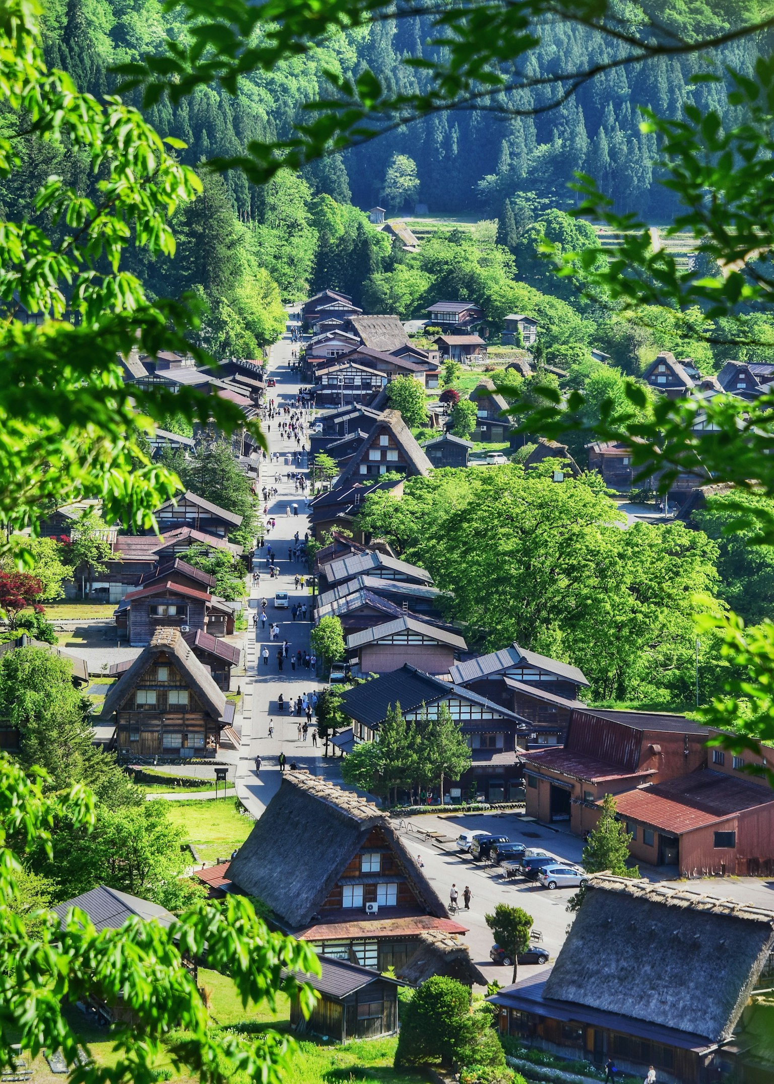 Vista panoramica di un tradizionale villaggio giapponese circondato da una vegetazione lussureggiante