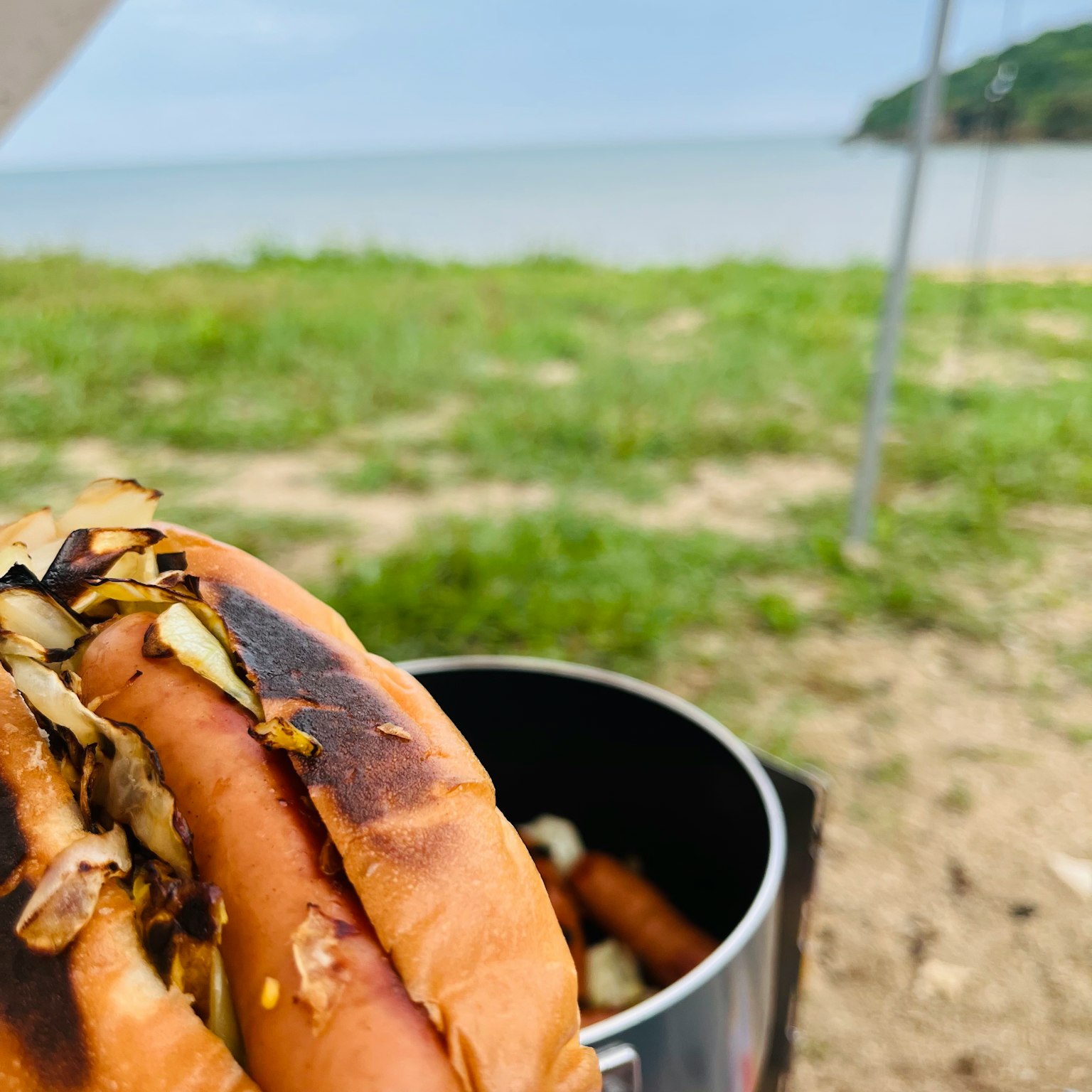 Hotdogs mit gegrillten Belägen in der Nähe eines Strandes