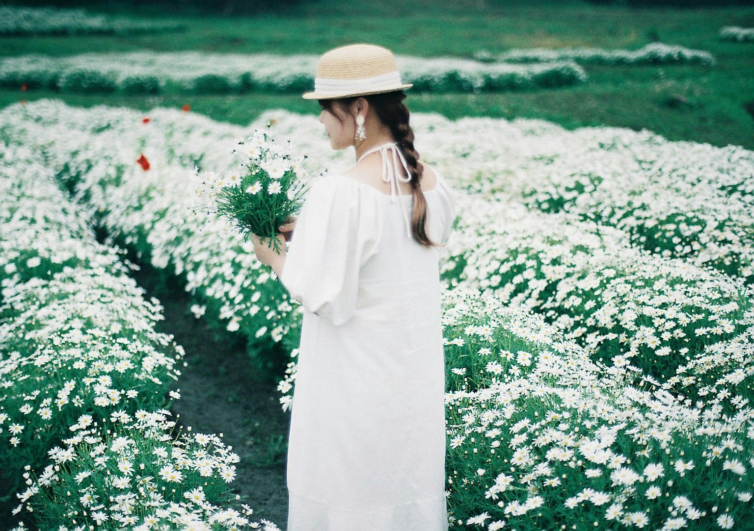Woman holding a bouquet in a white flower field