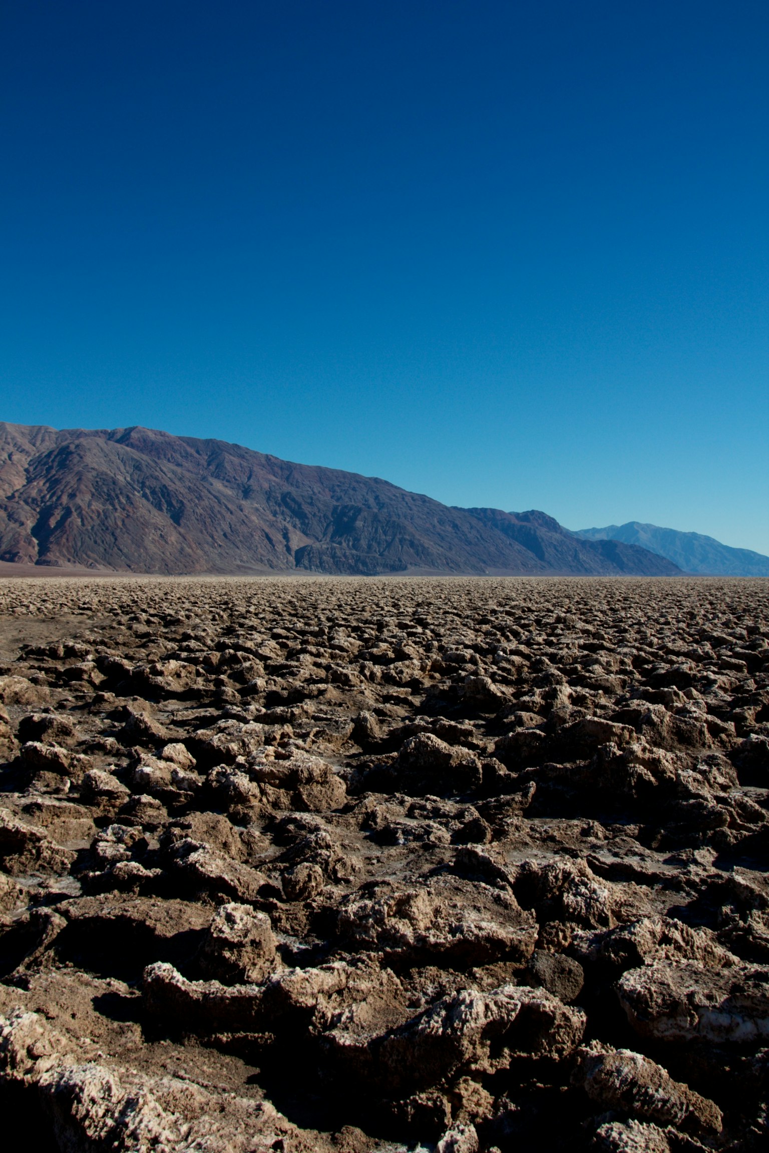 Vast rocky landscape under a clear blue sky in Death Valley