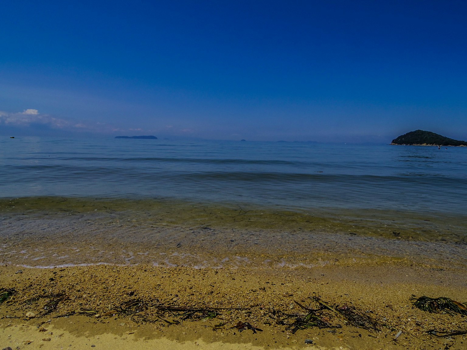 ทิวทัศน์ชายหาดที่มีท้องฟ้าสีฟ้าและทะเลสงบ