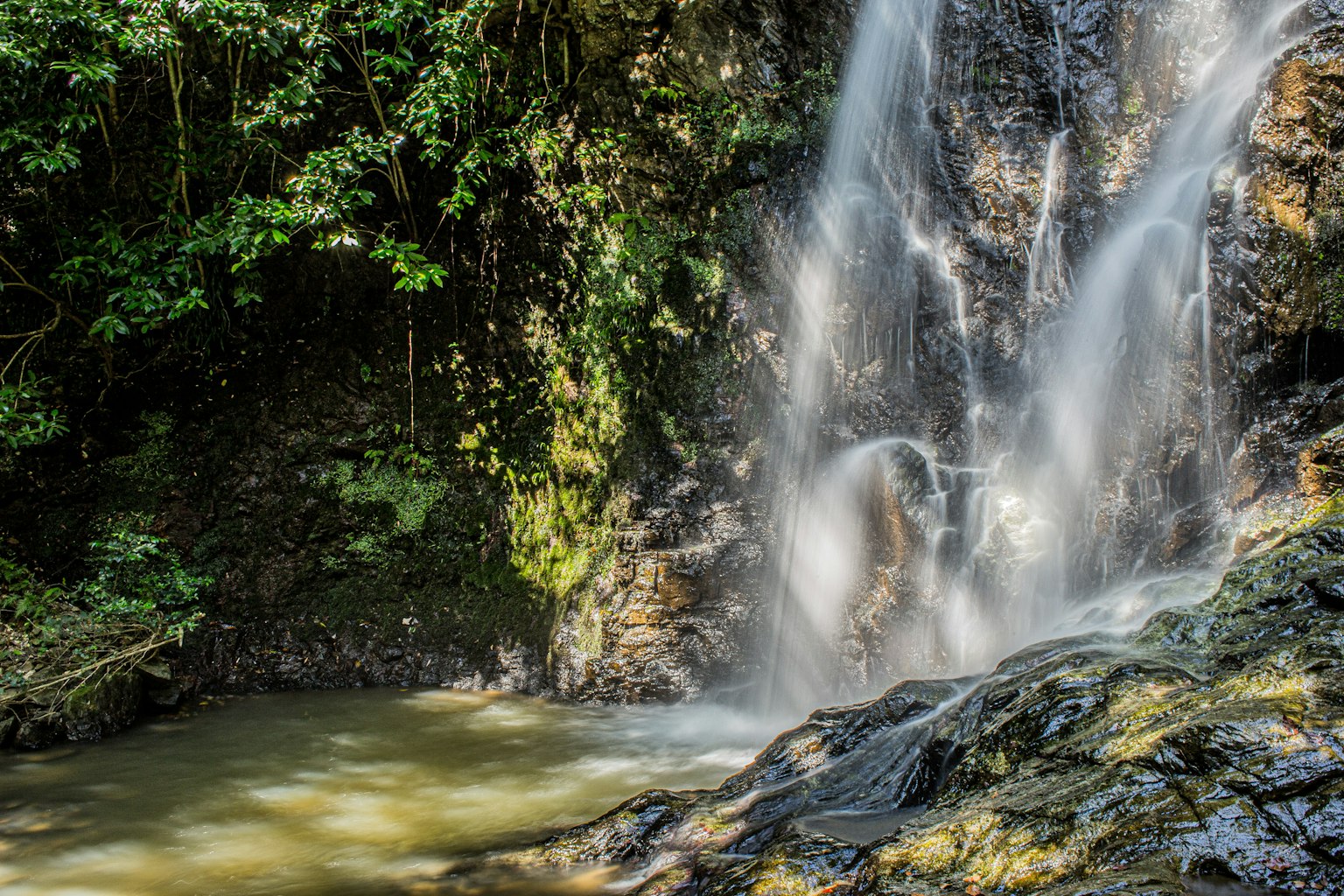 Bild eines Wasserfalls, umgeben von üppigem Grün, mit Wasser, das über Felsen fließt