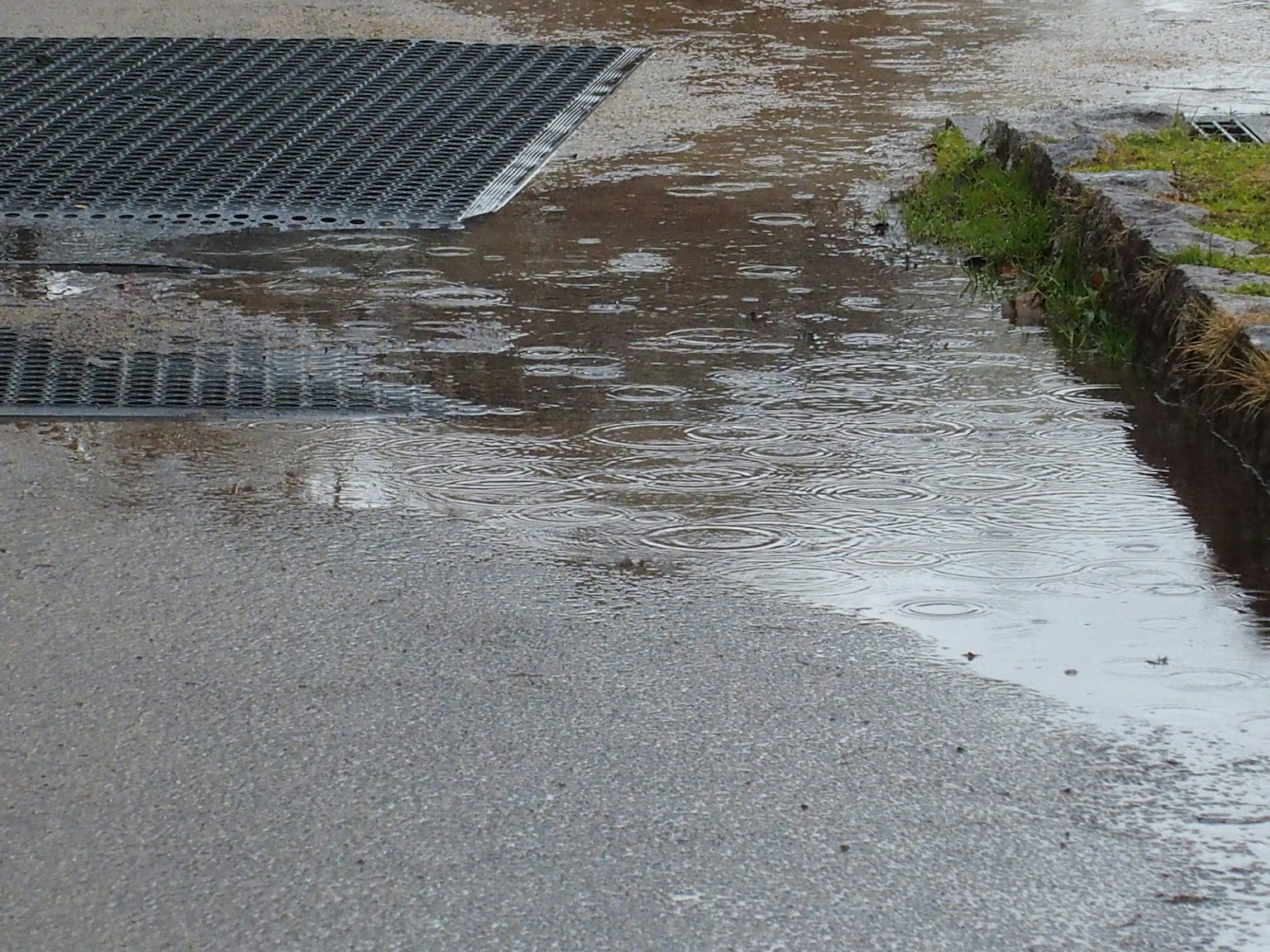 A section of a paved road with puddles and a drainage grate