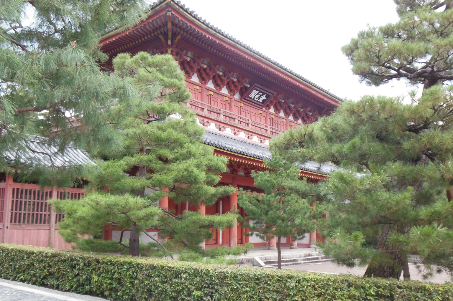 Bâtiment traditionnel japonais entouré de pins luxuriants