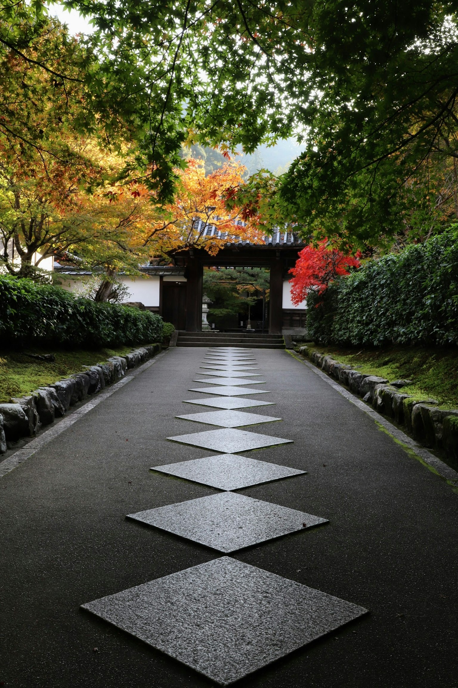 Pathway leading to a garden entrance with diamond-shaped stone tiles