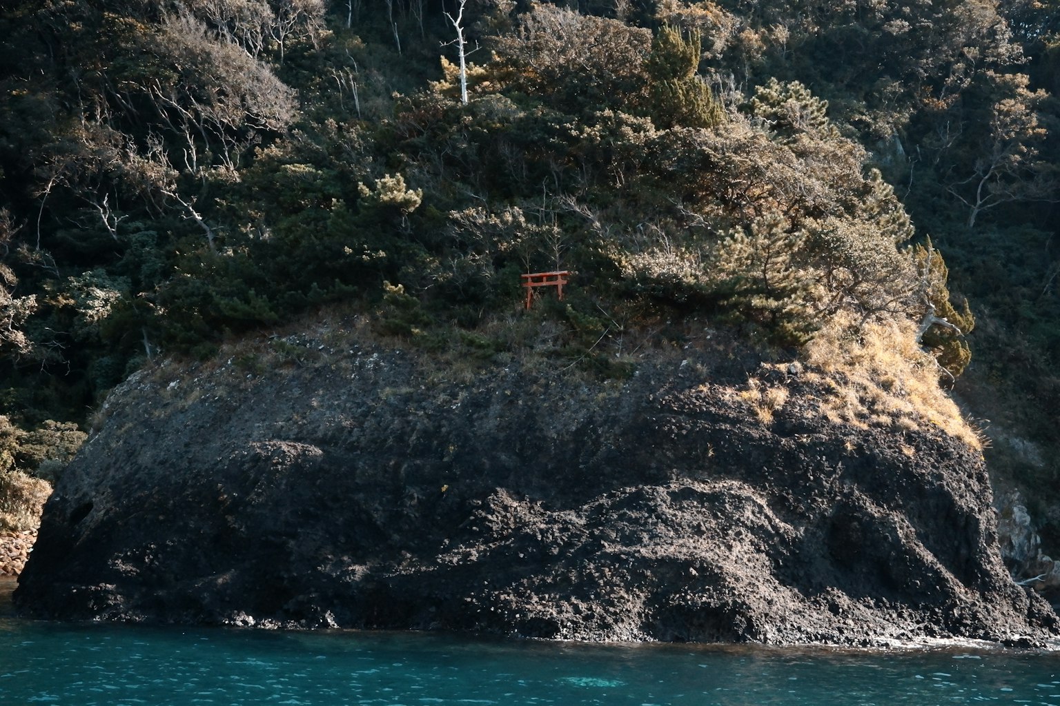 一座紅色鳥居矗立在岩石懸崖上，周圍是郁郁蔥蔥的綠樹和藍色海水