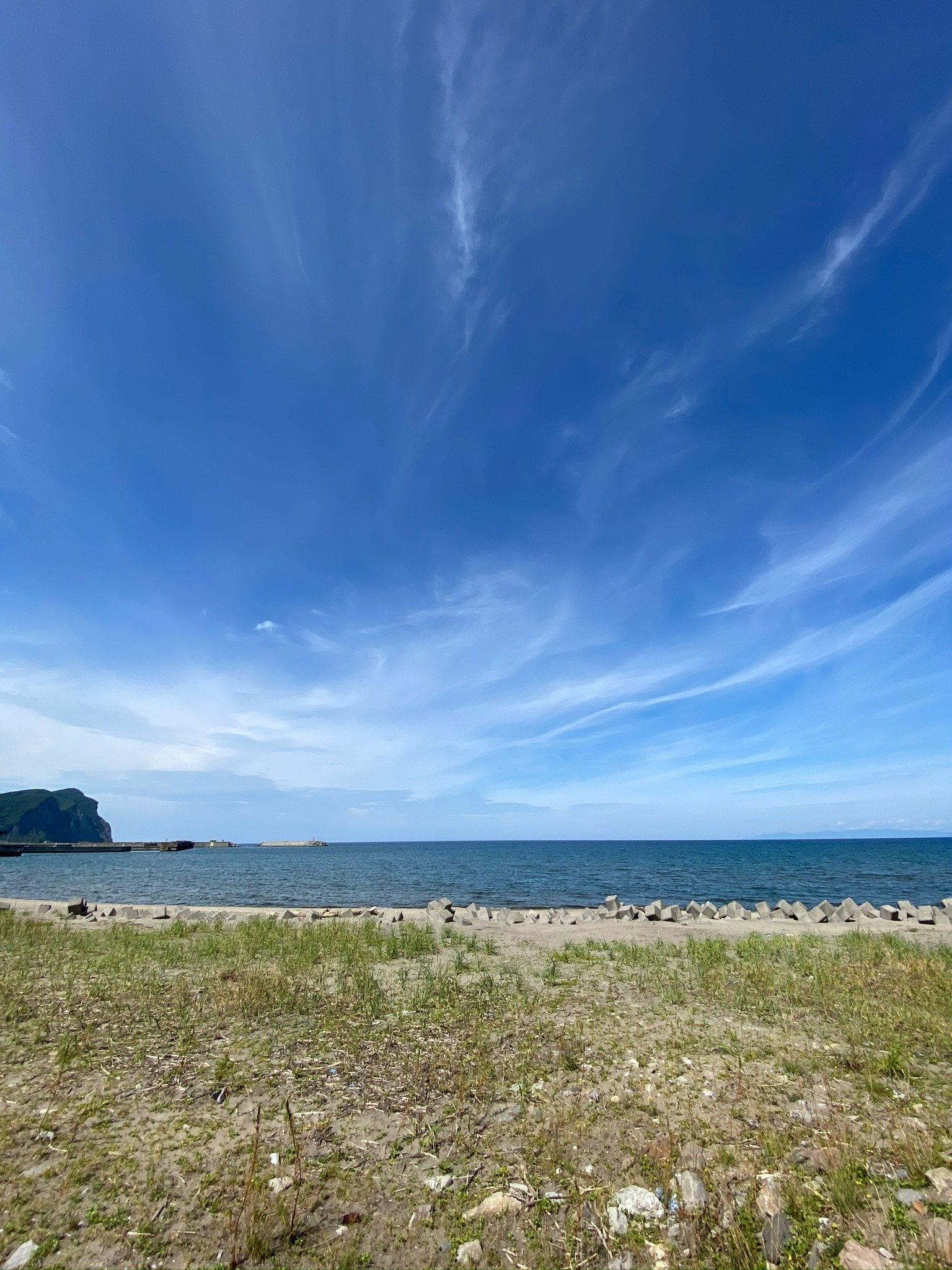 美丽的海滩景色 蓝天和海洋 前景有草和石头