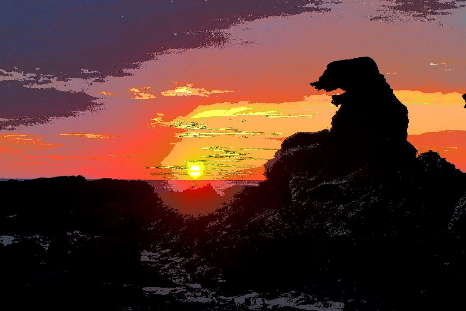 Silhouette of a rock formation against a vibrant sunset