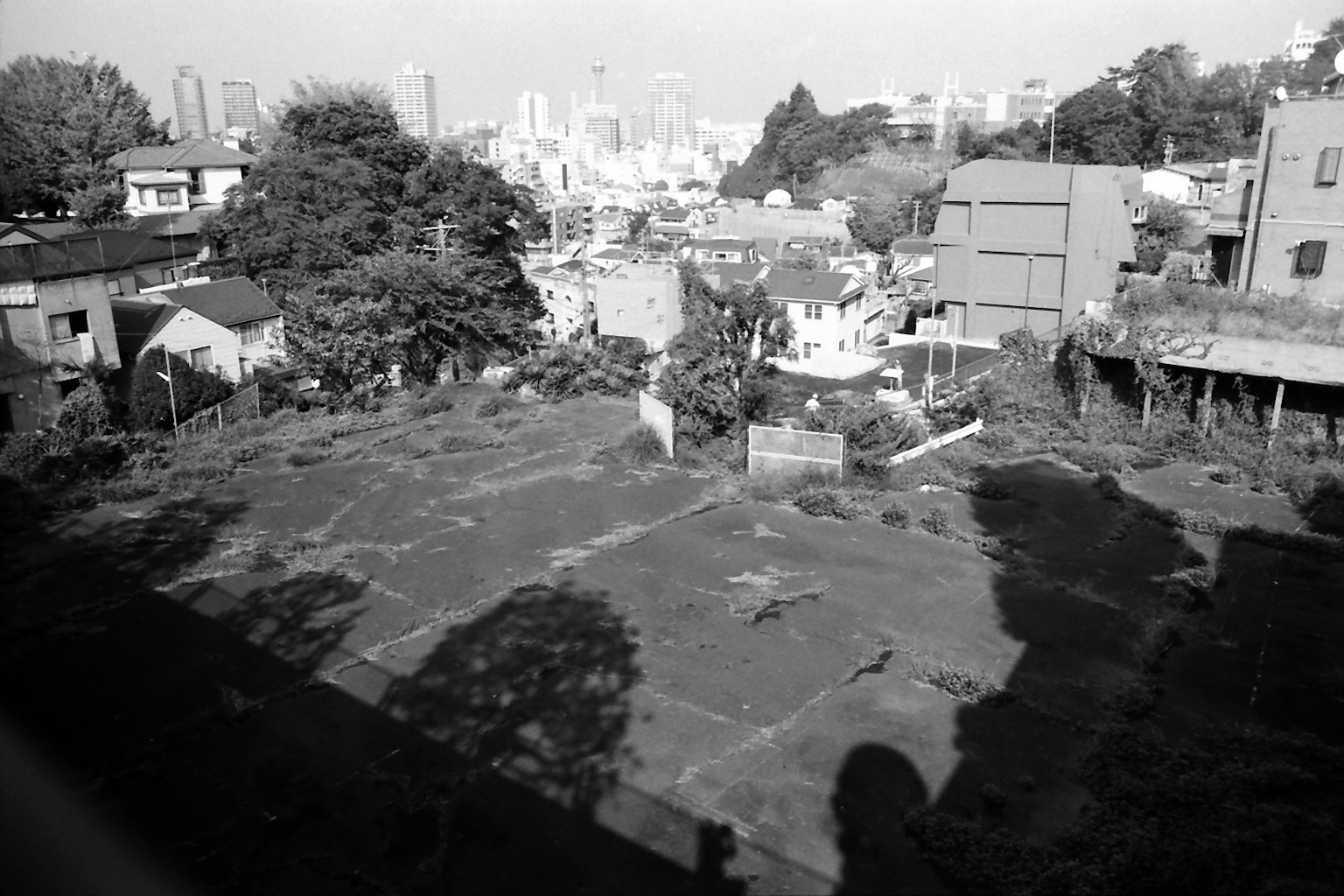 空地与背景城市天际线及房屋