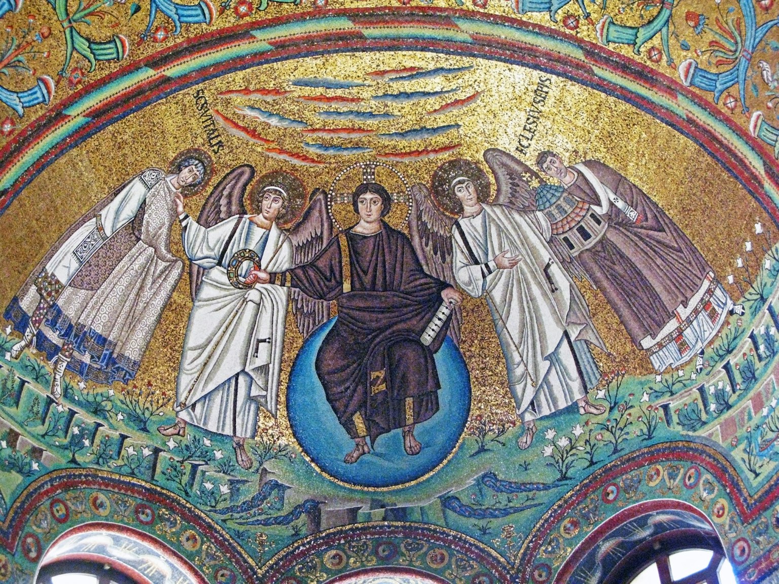 Beautiful mosaic depicting angels and Christ in a heavenly scene
